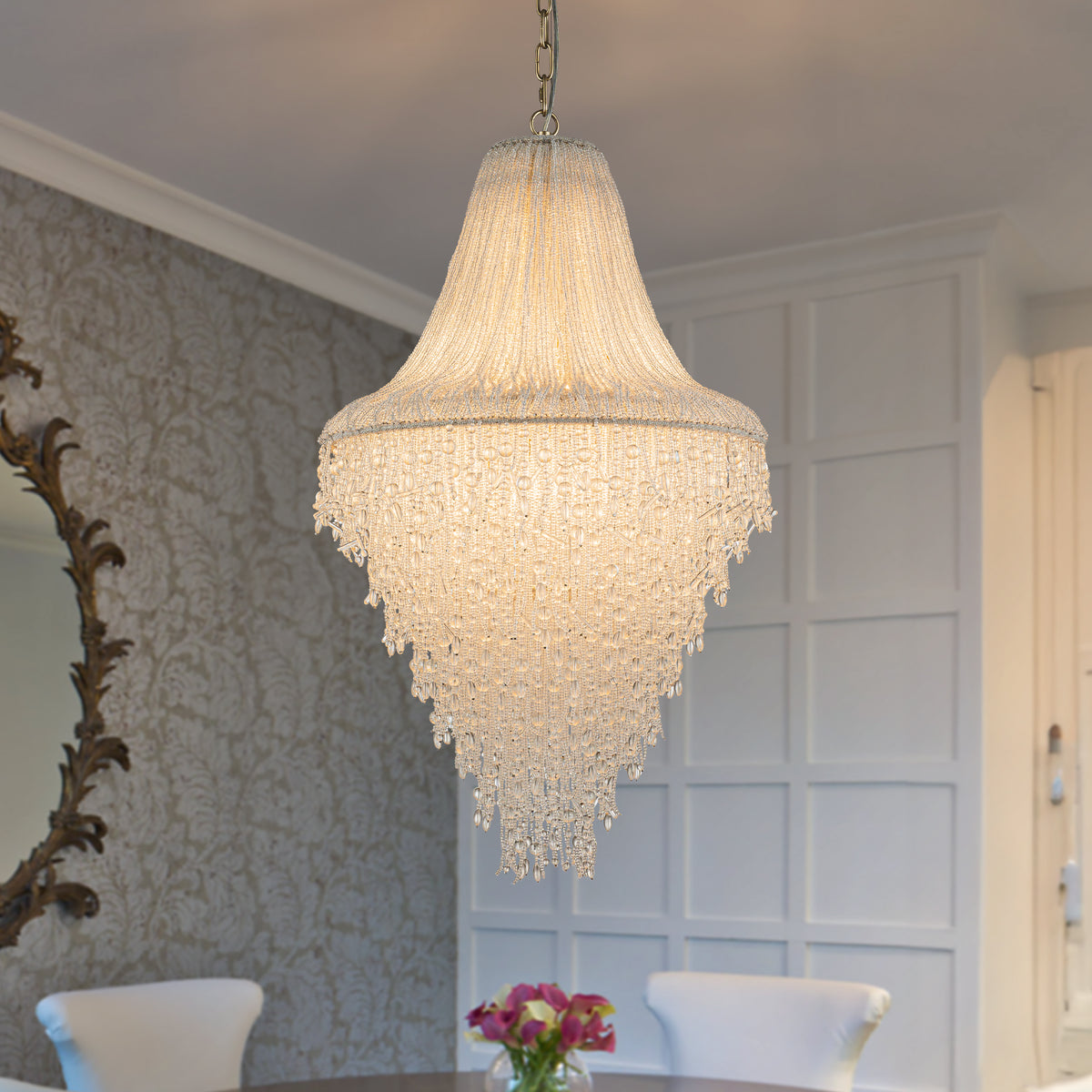 Vintage Luxury Elegance Chandelier with Clear Crystal Beads in Antique Silver