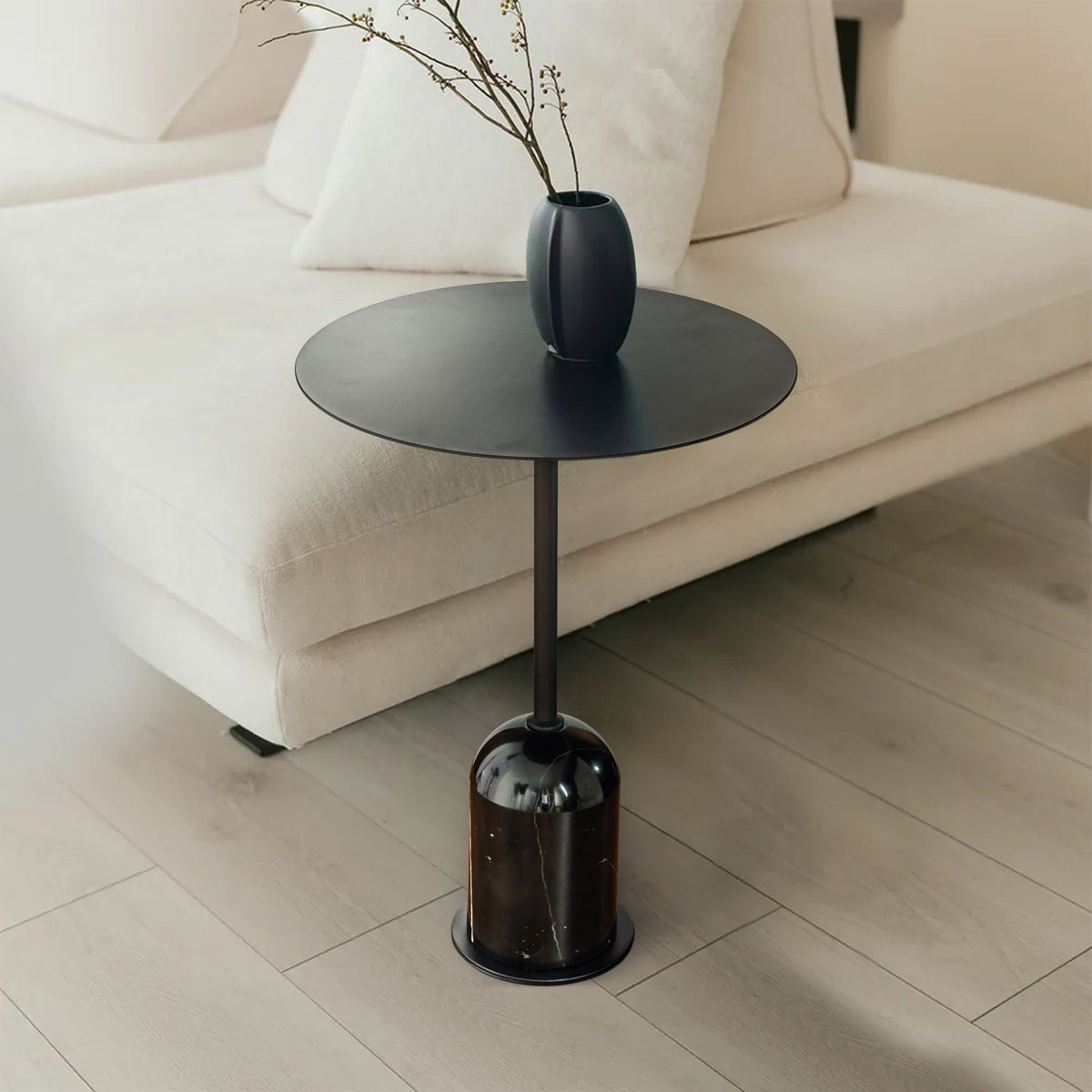 Modern Metal Single Round Black Coffee Table with Marble Base