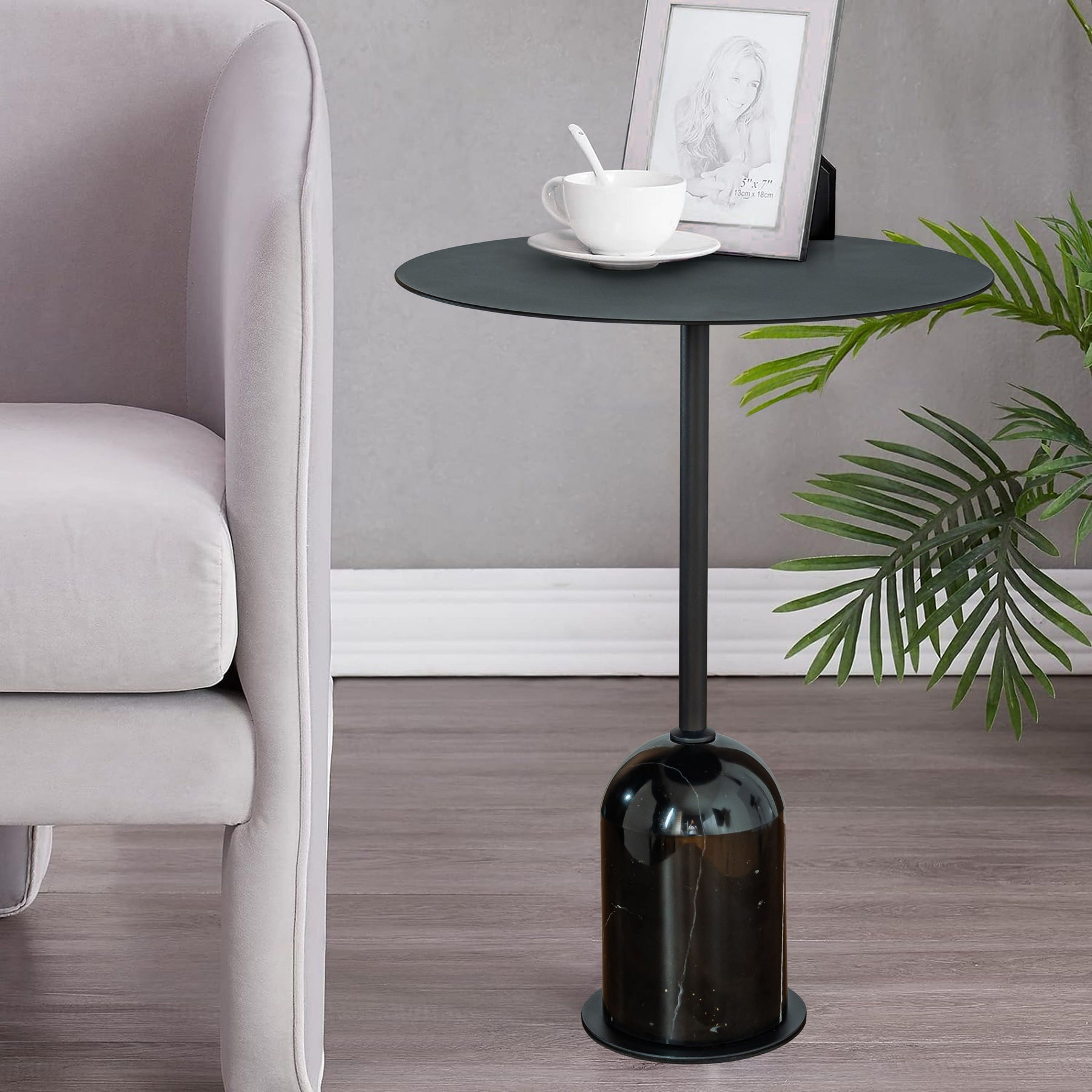 Modern Metal Single Round Black Coffee Table with Marble Base