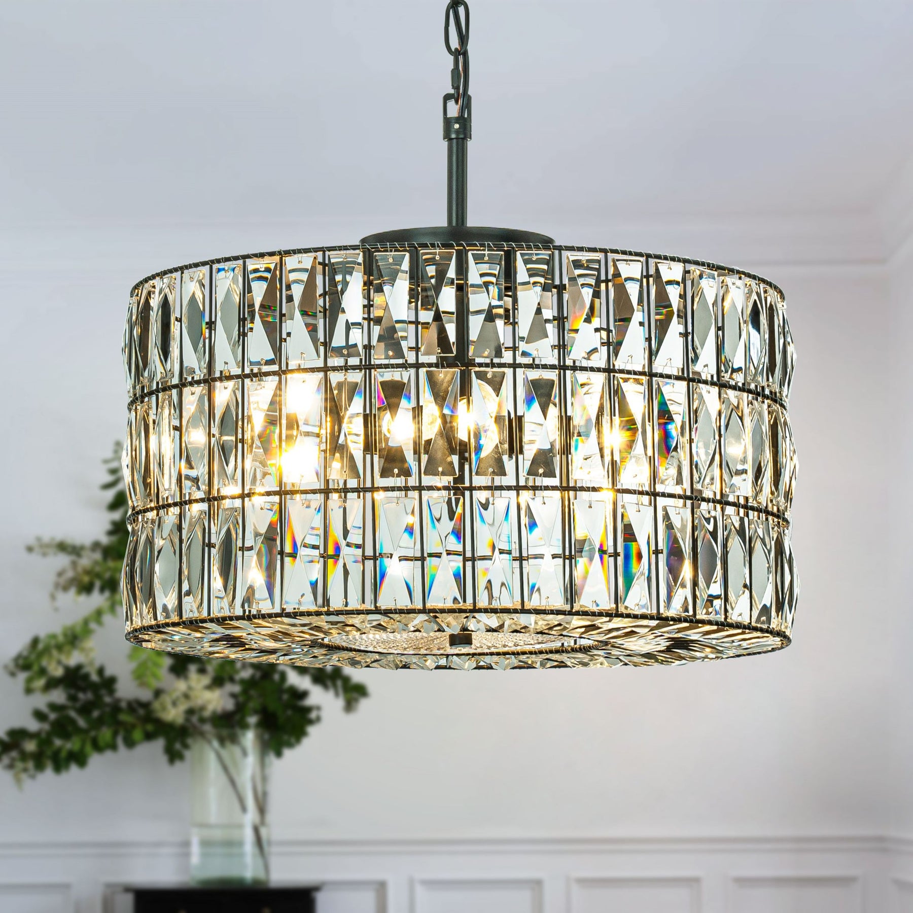 Modern Farmhouse Matte Black Drum Chandelier with Diamond Crystals