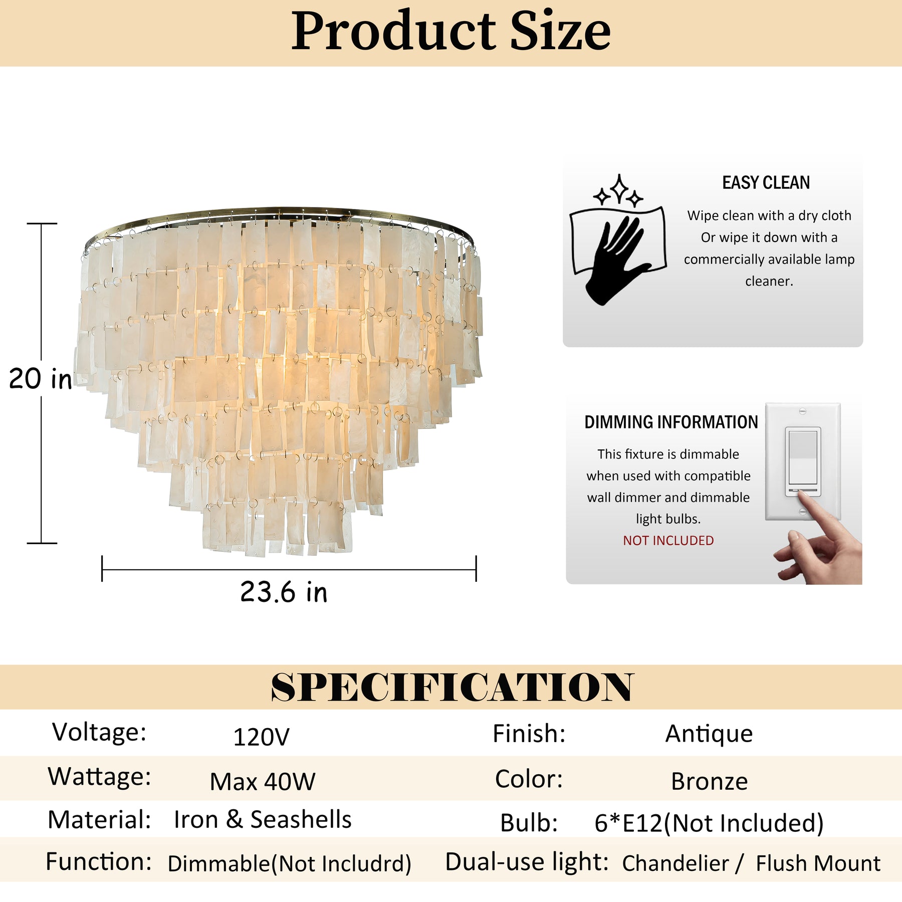 6-Light 23.6" Modern Coastal Capiz Tiered Flush Mount Bronze Farmhouse Natural Seashell Ceiling Light For Dining Room