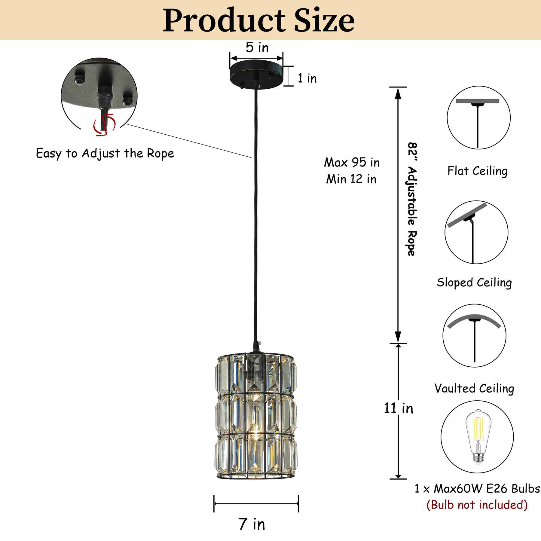 1-Light 7'' Modern Glam Matte Black Single Crystal Pendant Light Mini Elegant Crystal Durm Chandelier for Bedroom Kitchen Island
