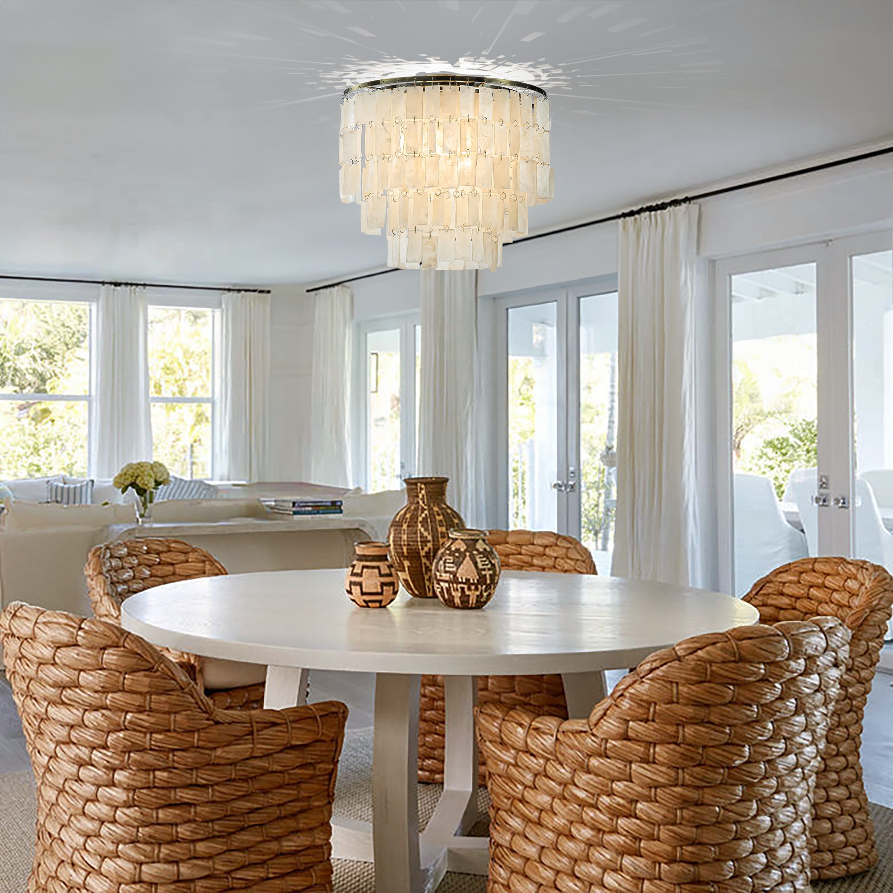 3-Light 18" Rustic Coastal Capiz Tiered Flush Mount Bronze Farmhouse Natural Seashell Ceiling Light For Dining Room