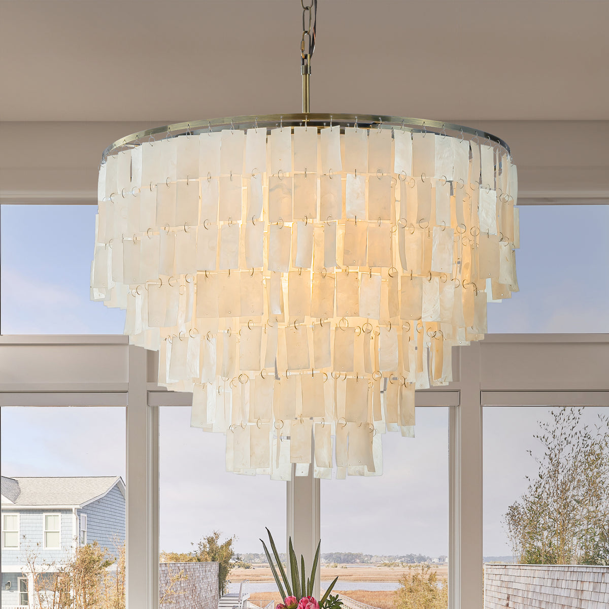 6-Light 23.6" 5-Tier Elegant Coastal Capiz Chandelier In Bronze Farmhouse Natural Seashell Light Fixtures For Dining Room