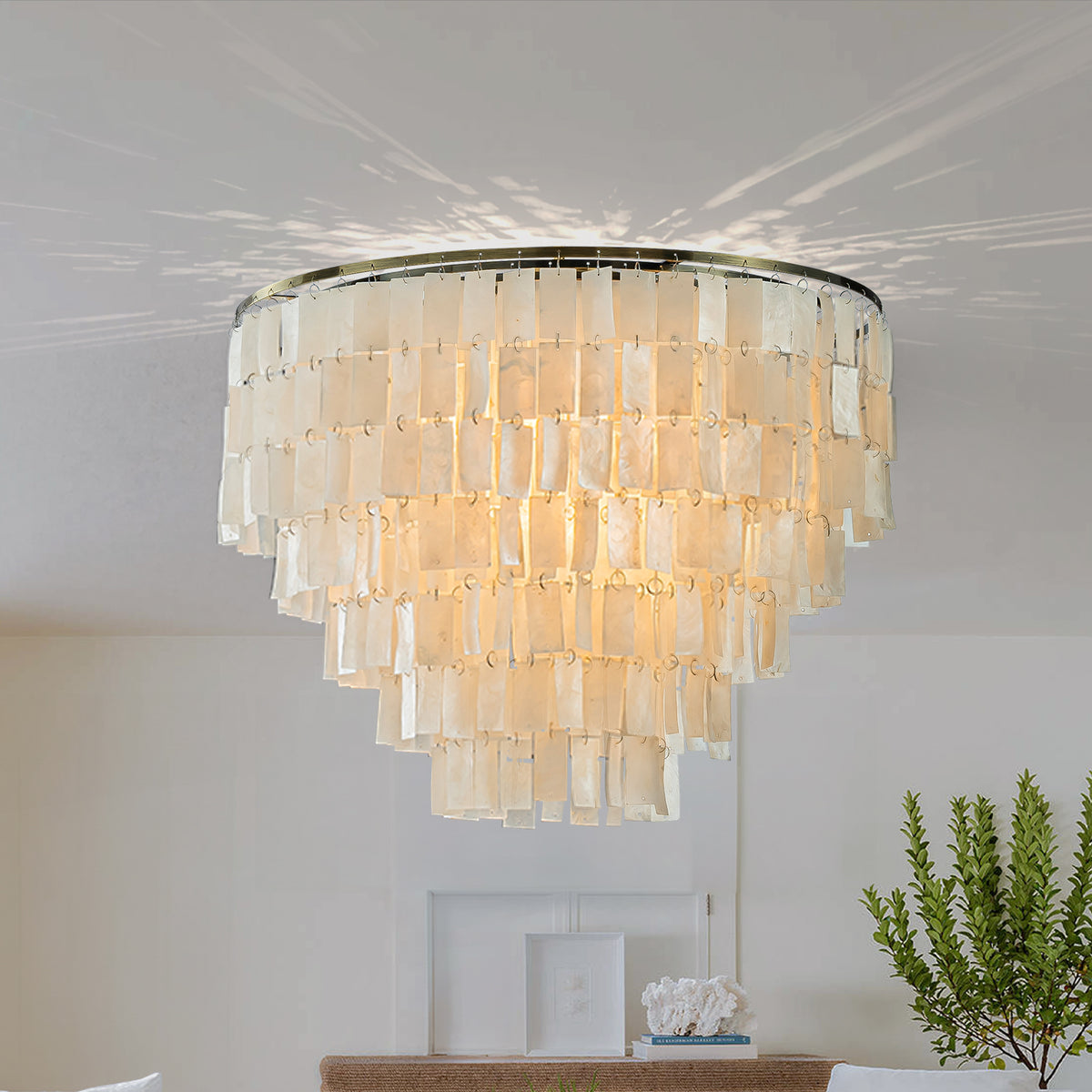 6-Light 23.6" Modern Coastal Capiz Tiered Flush Mount Bronze Farmhouse Natural Seashell Ceiling Light For Dining Room
