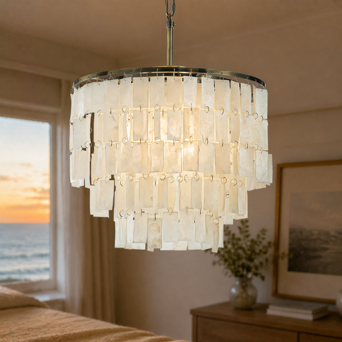 3-Light 18" 3-Tier Elegant Coastal Capiz Chandelier In Bronze Farmhouse Natural Seashell Light Fixtures For Dining Room