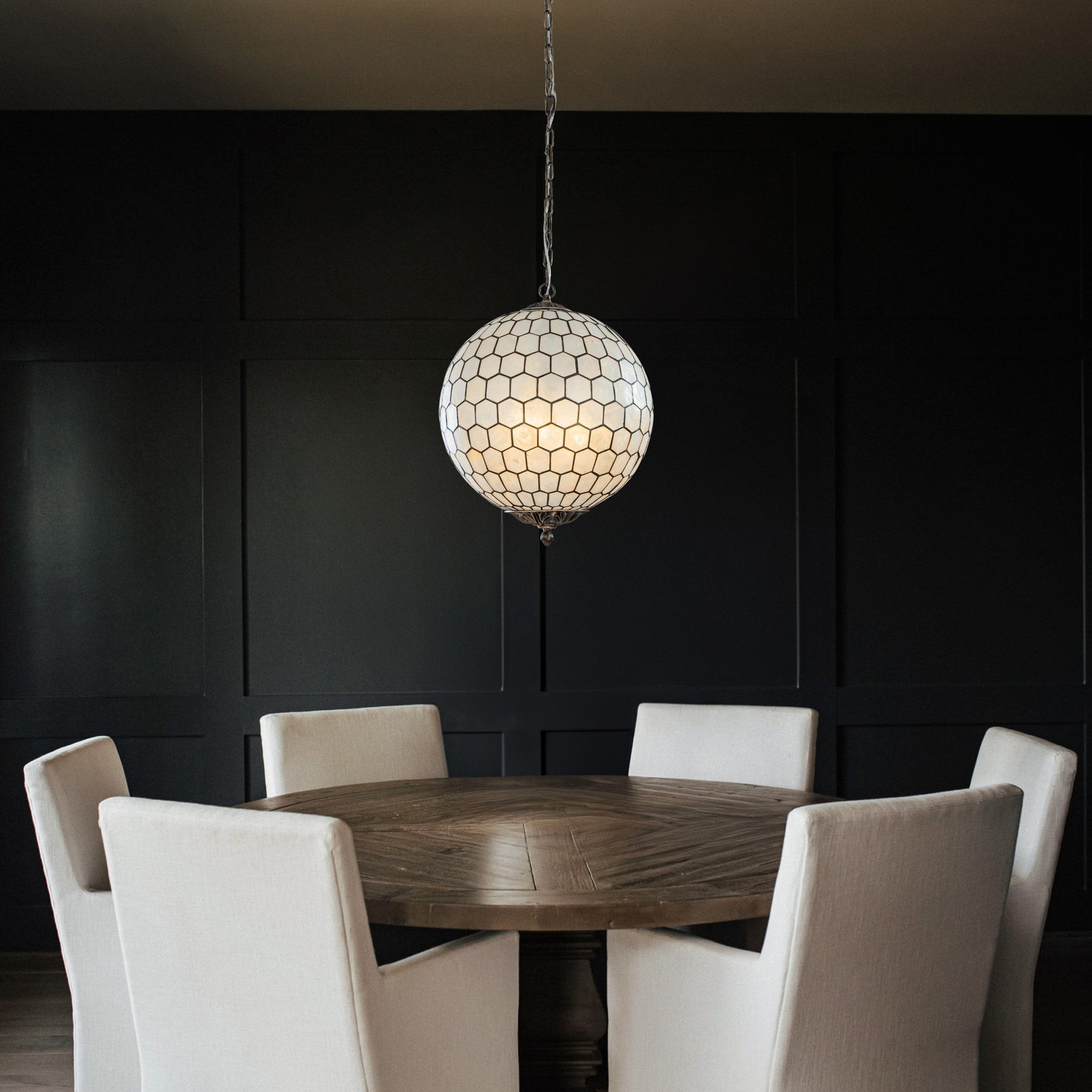 3 Lights W18in Vintage Mid Century Natural Capiz Shell Chandelier Antique Brass French Country Globe Lantern Pendant for Dining Room