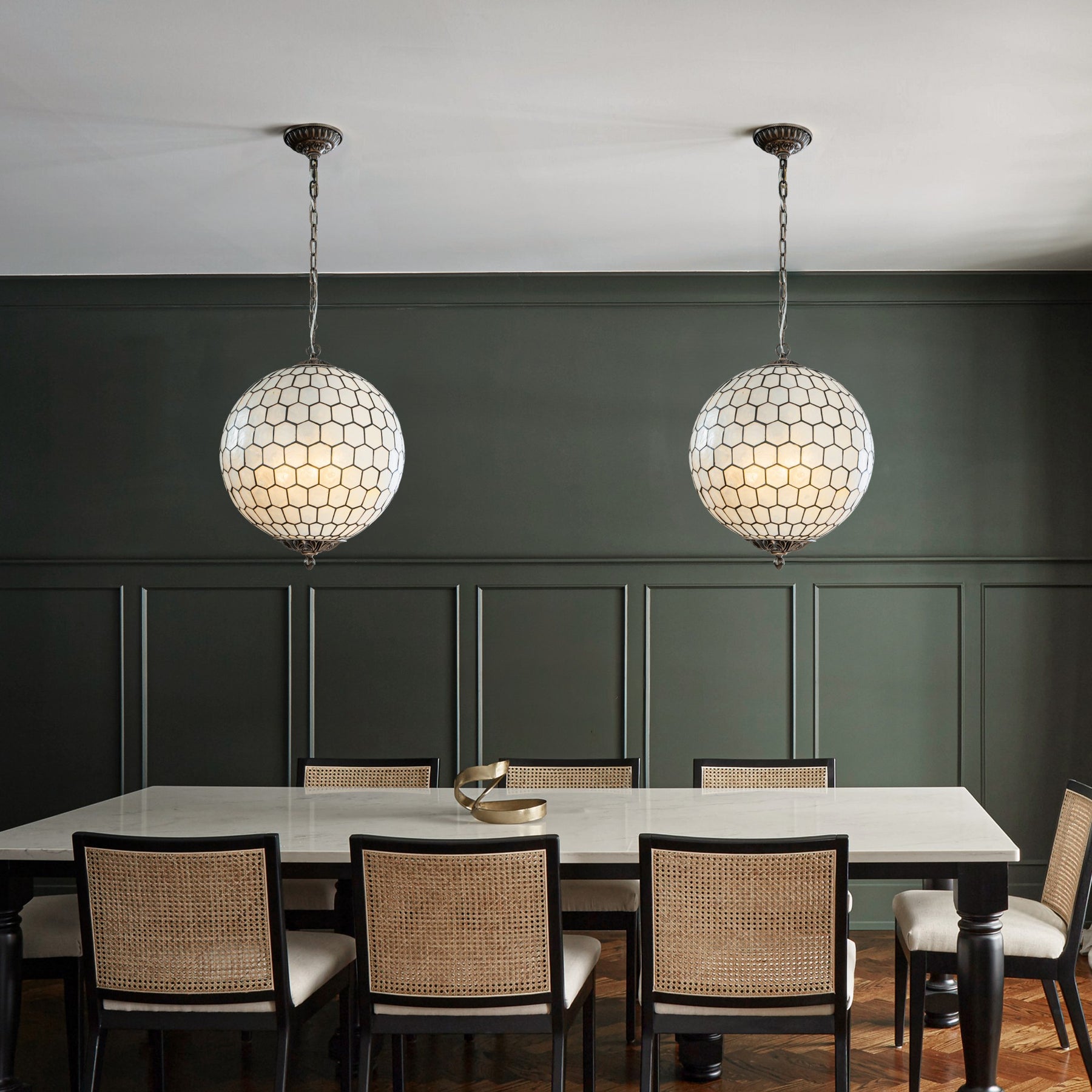 3 Lights W18in Vintage Mid Century Natural Capiz Shell Chandelier Antique Brass French Country Globe Lantern Pendant for Dining Room