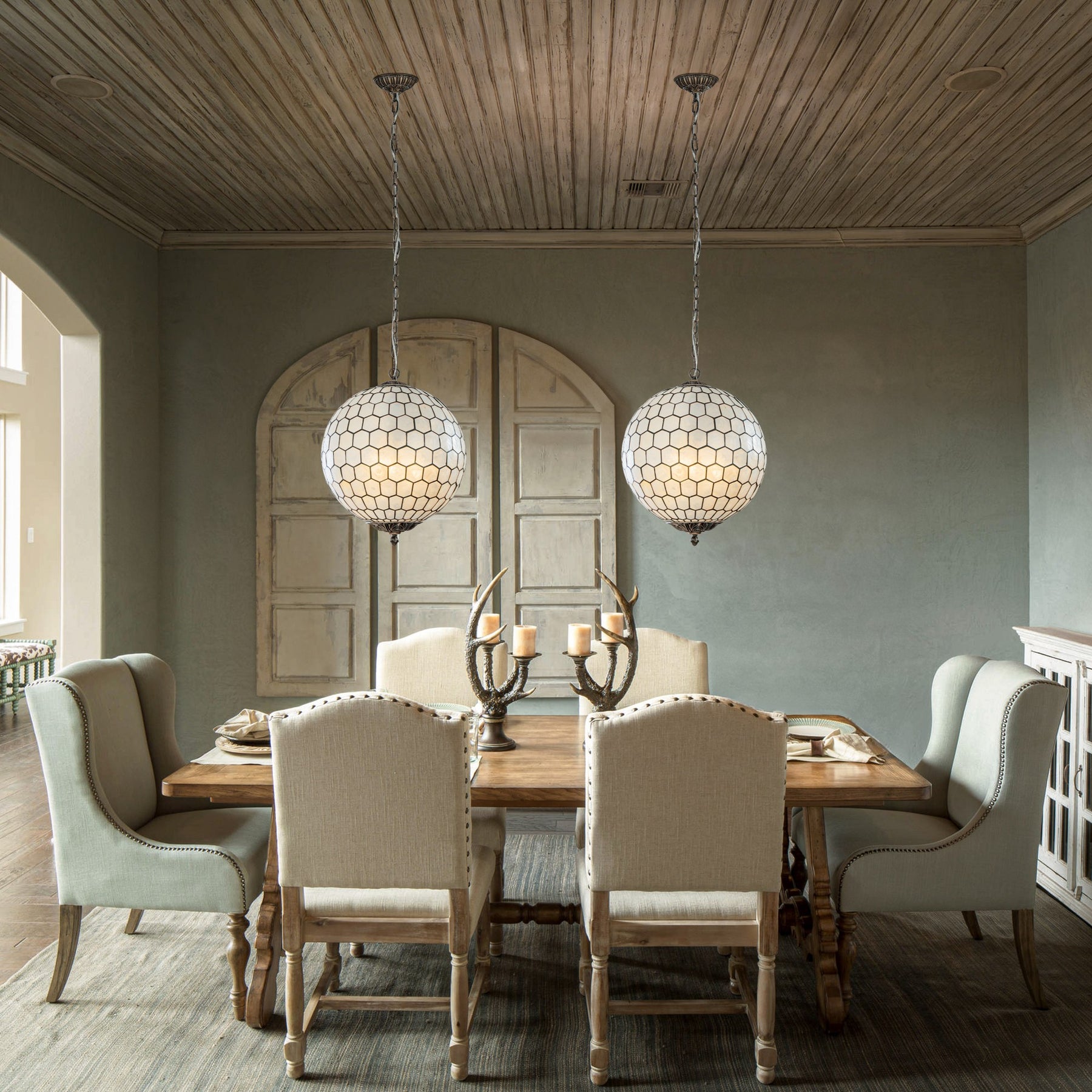 3 Lights W18in Vintage Mid Century Natural Capiz Shell Chandelier Antique Brass French Country Globe Lantern Pendant for Dining Room