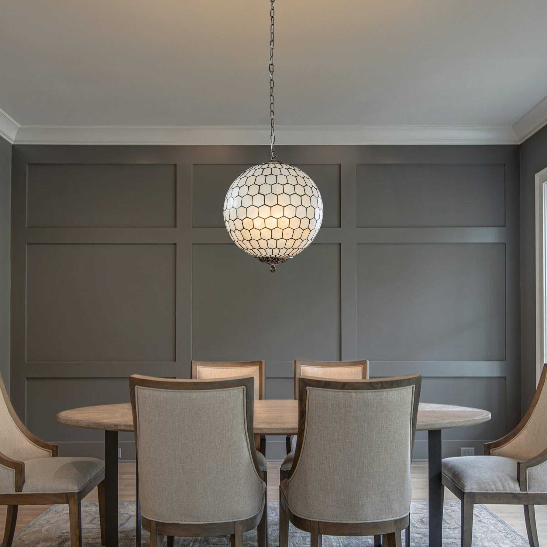 3 Lights W18in Vintage Mid Century Natural Capiz Shell Chandelier Antique Brass French Country Globe Lantern Pendant for Dining Room