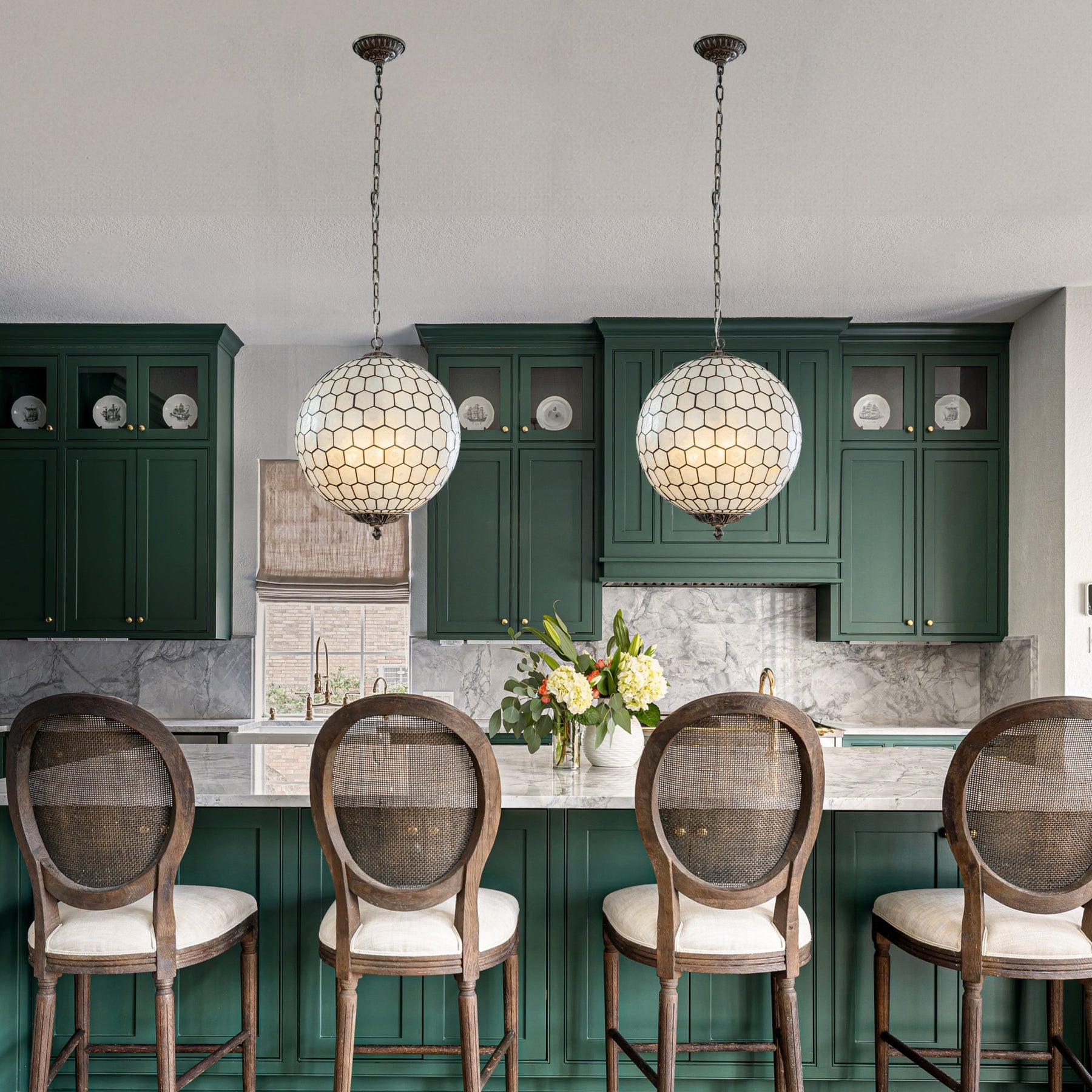 3 Lights W18in Vintage Mid Century Natural Capiz Shell Chandelier Antique Brass French Country Globe Lantern Pendant for Dining Room