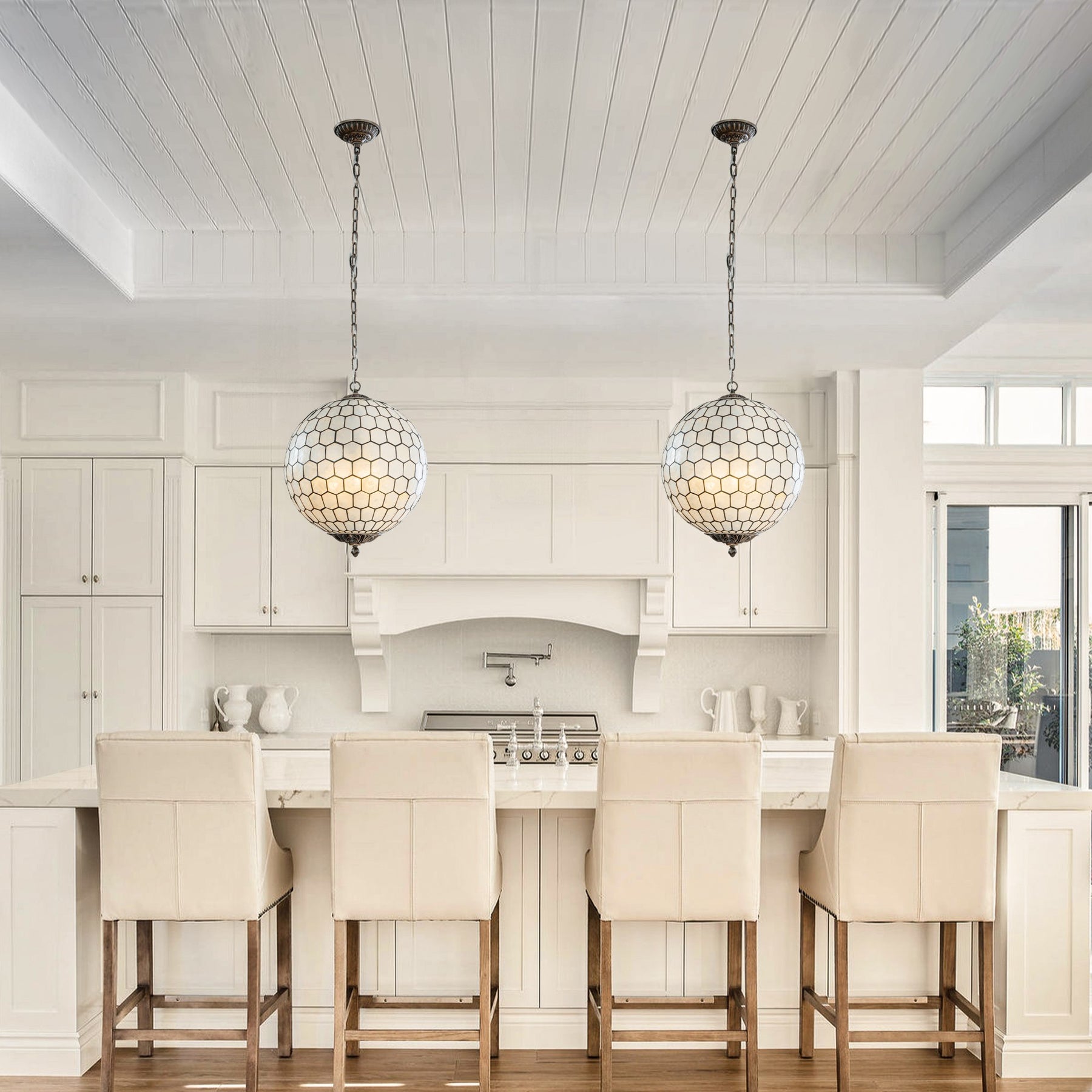 3 Lights W18in Vintage Mid Century Natural Capiz Shell Chandelier Antique Brass French Country Globe Lantern Pendant for Dining Room