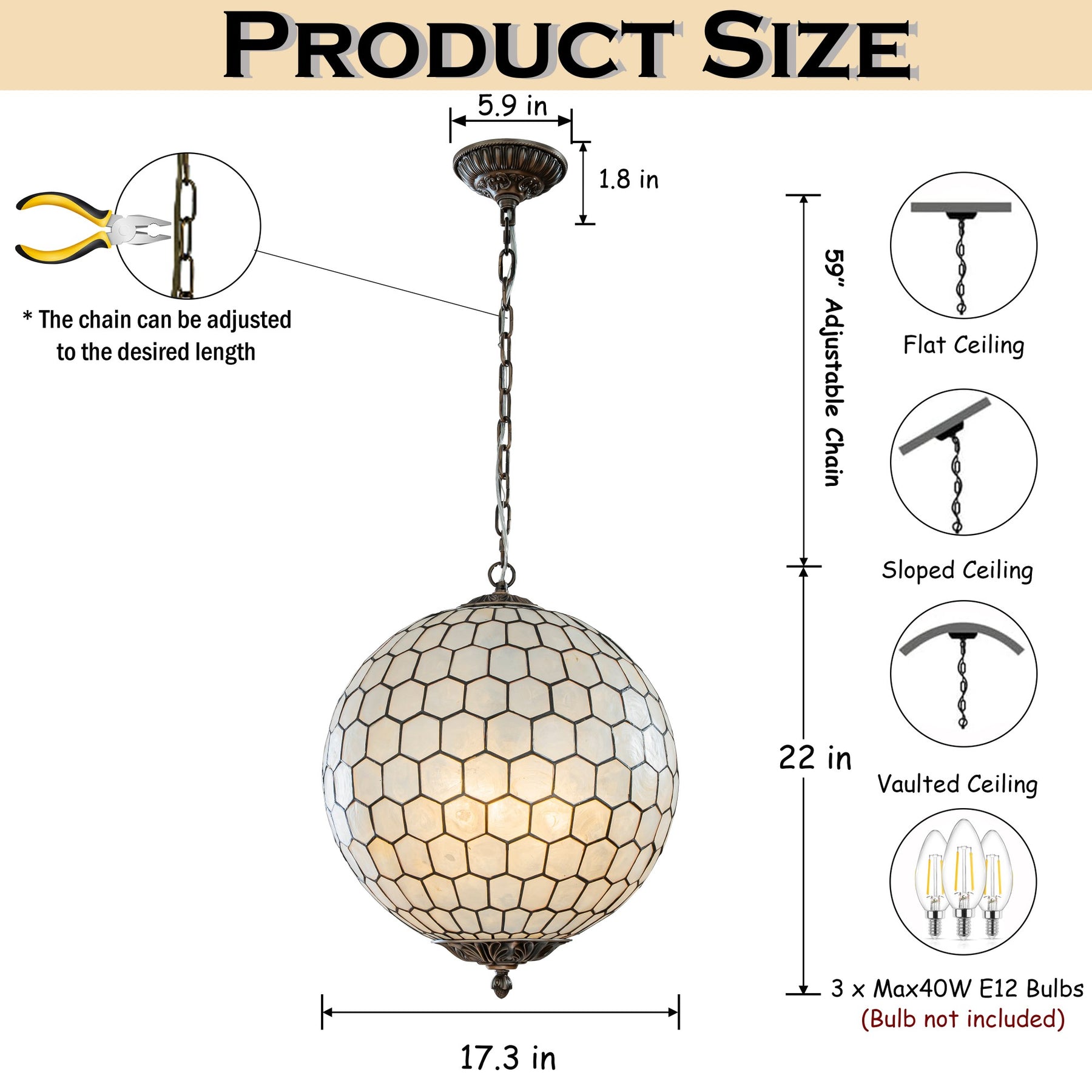 3 Lights W18in Vintage Mid Century Natural Capiz Shell Chandelier Antique Brass French Country Globe Lantern Pendant for Dining Room