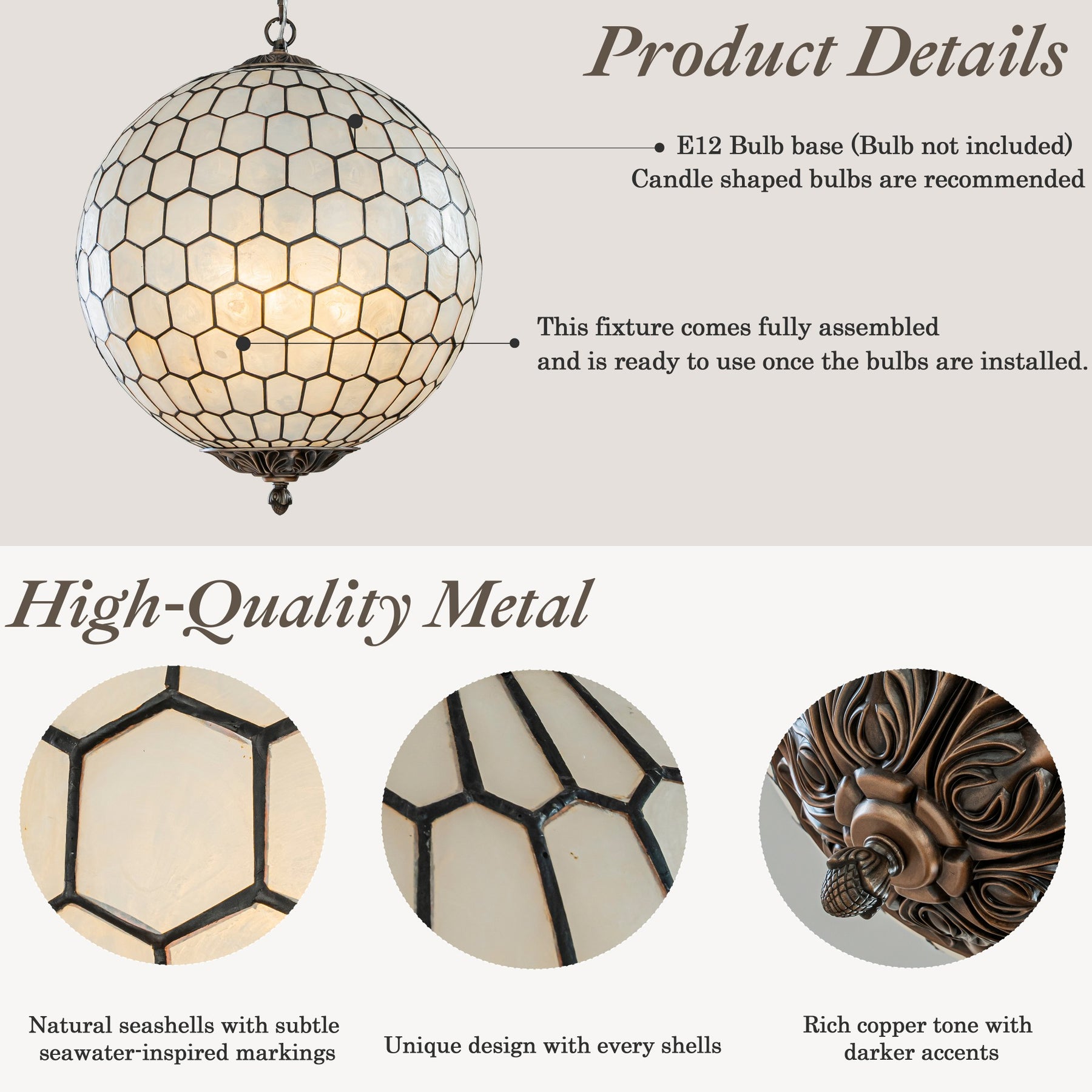 3 Lights W18in Vintage Mid Century Natural Capiz Shell Chandelier Antique Brass French Country Globe Lantern Pendant for Dining Room