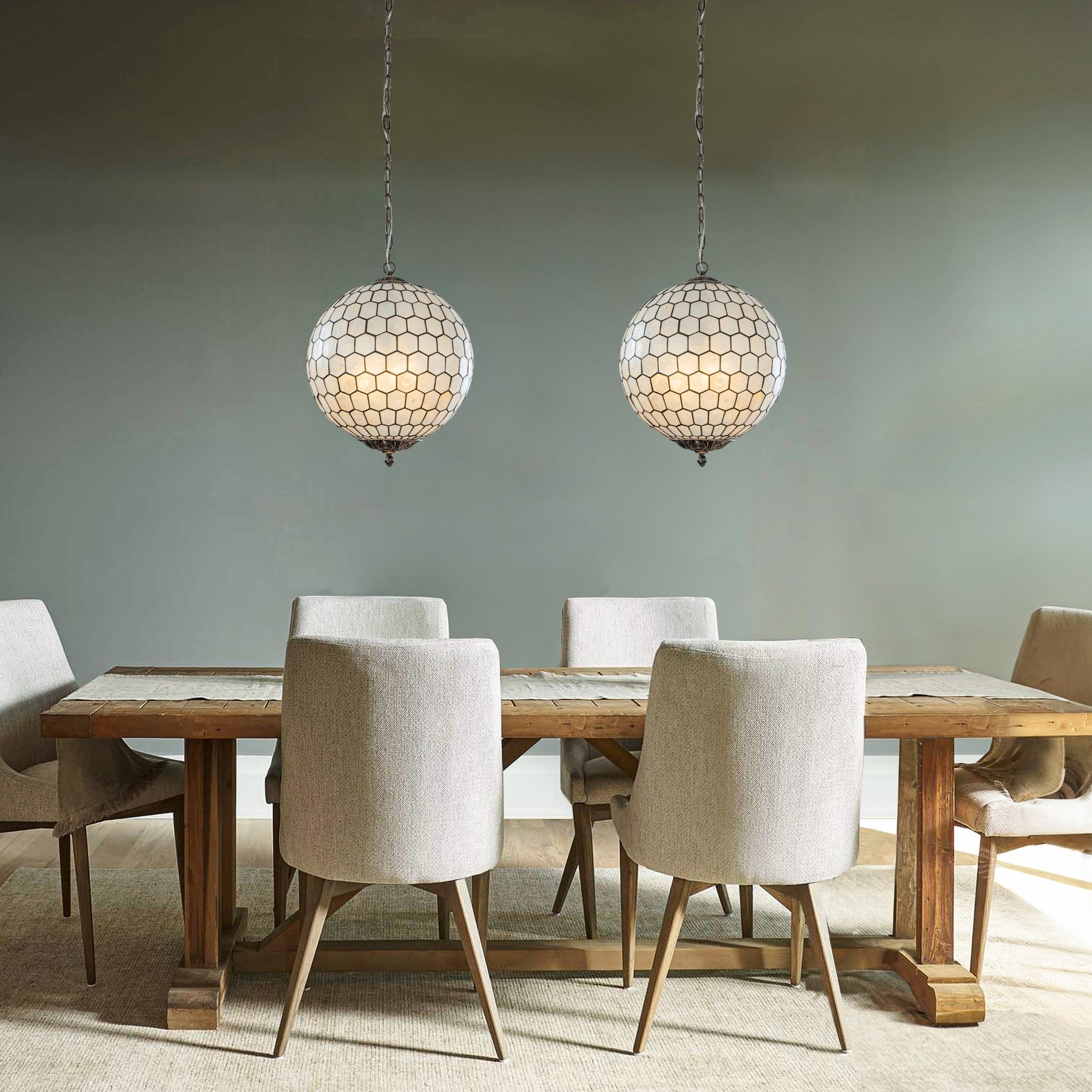 3 Lights W18in Vintage Mid Century Natural Capiz Shell Chandelier Antique Brass French Country Globe Lantern Pendant for Dining Room