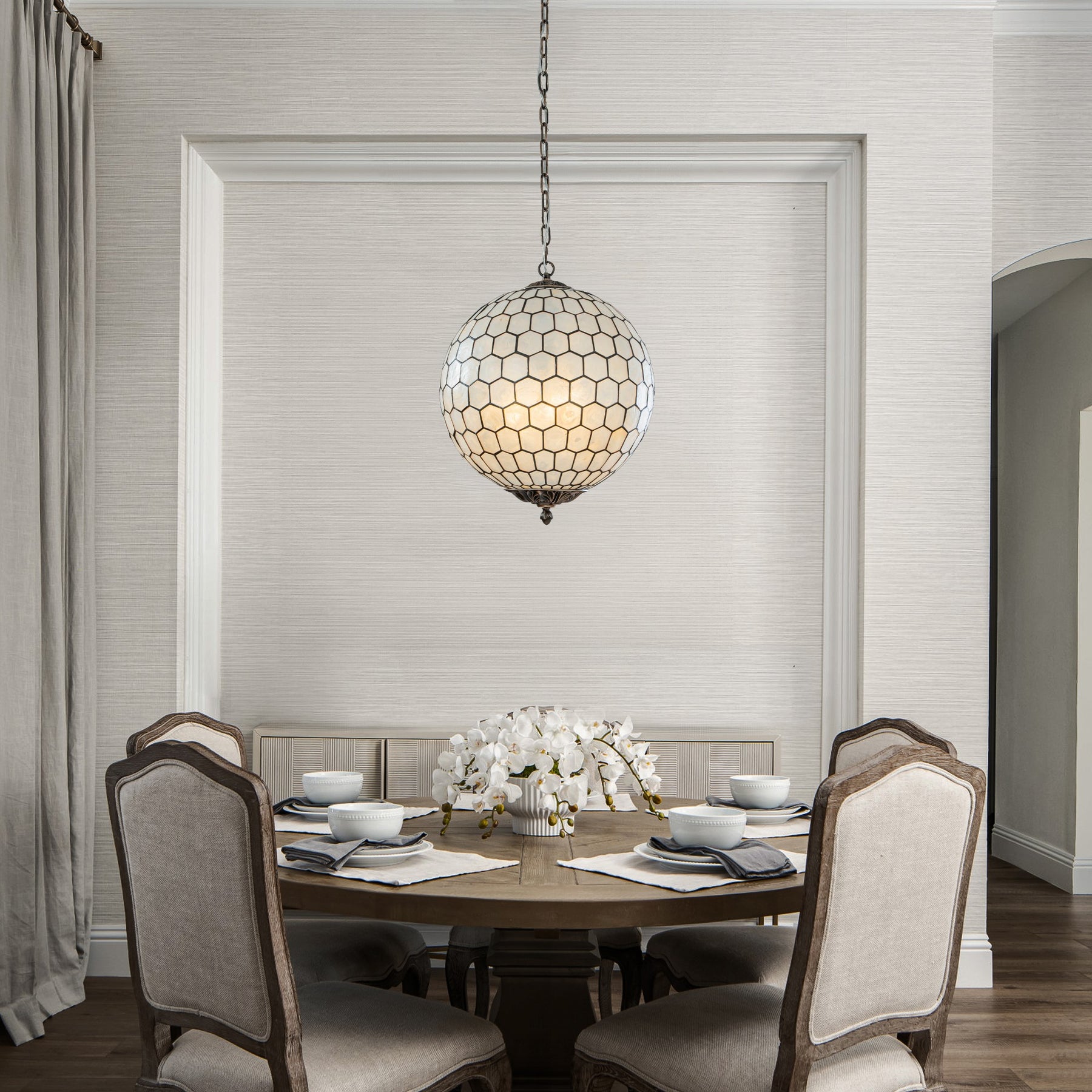 3 Lights W18in Vintage Mid Century Natural Capiz Shell Chandelier Antique Brass French Country Globe Lantern Pendant for Dining Room