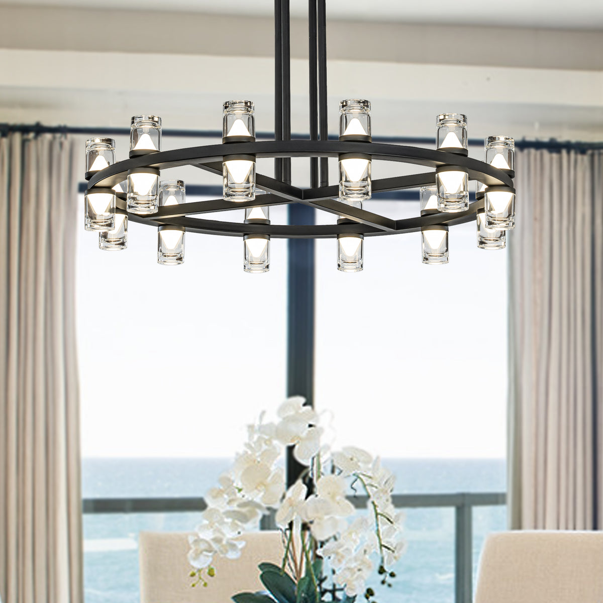 OPEN BOX-Mid-Century Modern 12-Light 32'' Rustic Industrial Round LED Chandelier In Matte Black Finish With Clear Acrylic Shades