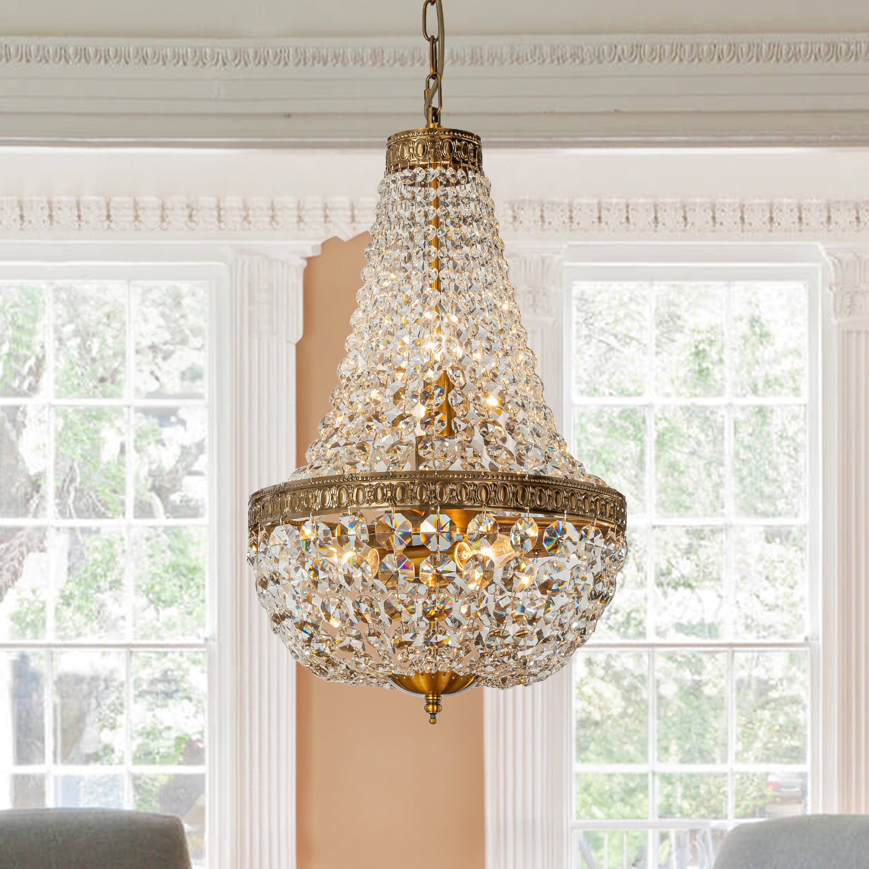 Vintage Crystal Basket Chandelier in Antique Gold