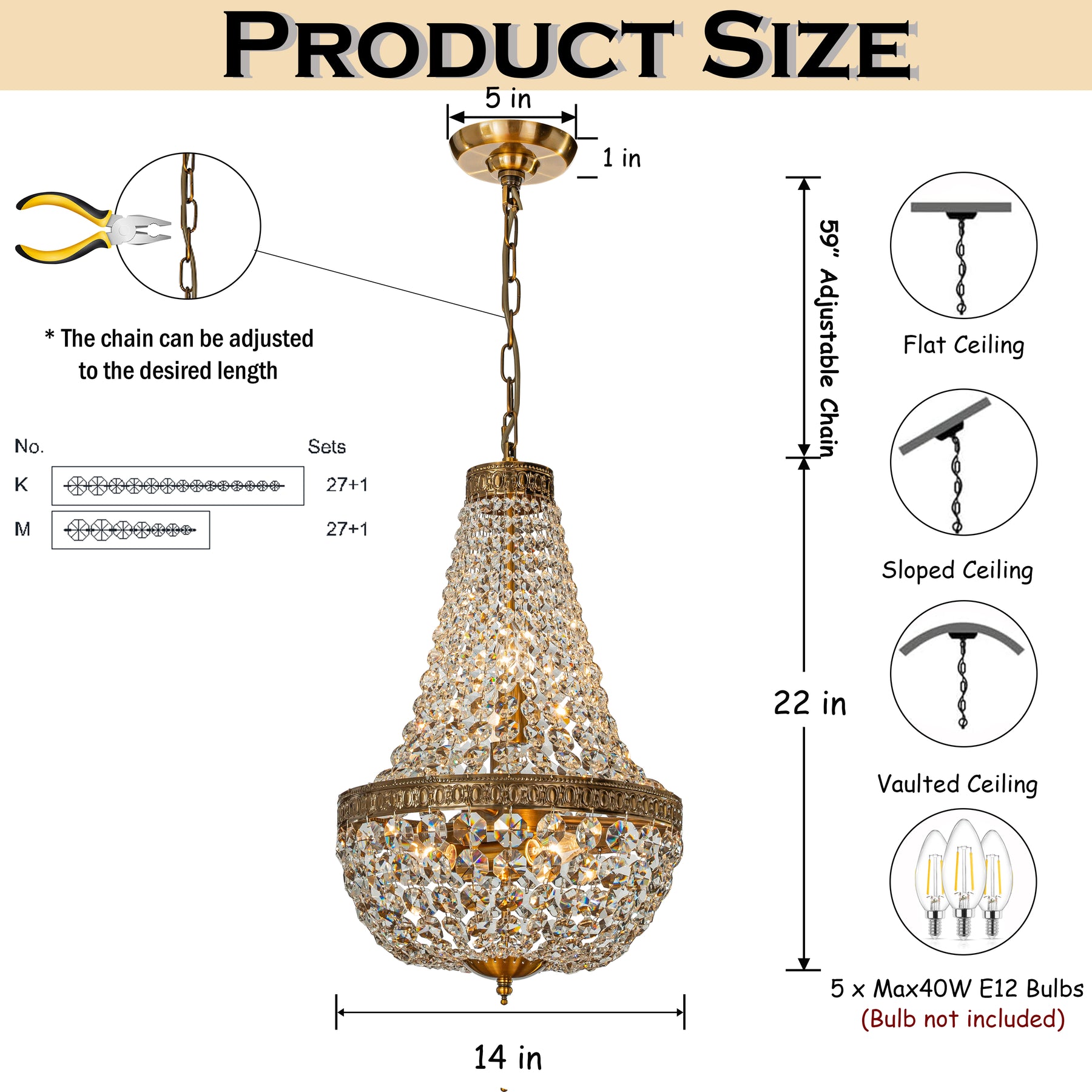 Vintage Crystal Basket Chandelier in Antique Gold