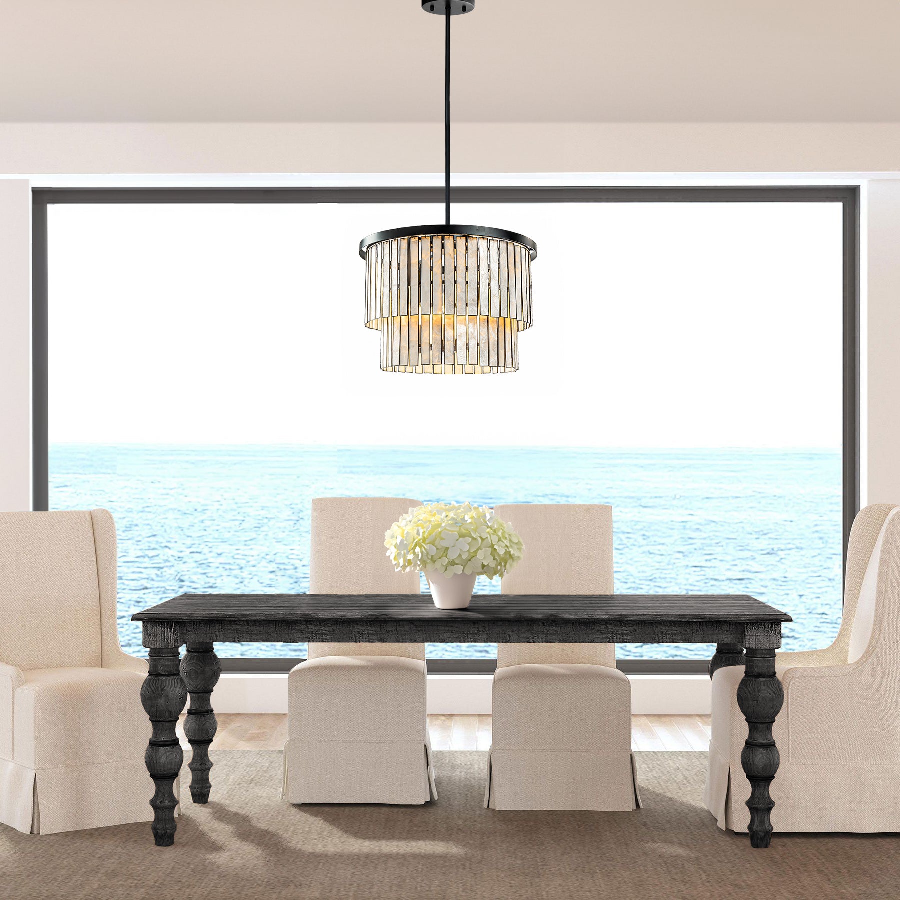 Coastal Natural Capiz Round Chandelier in Matte Black