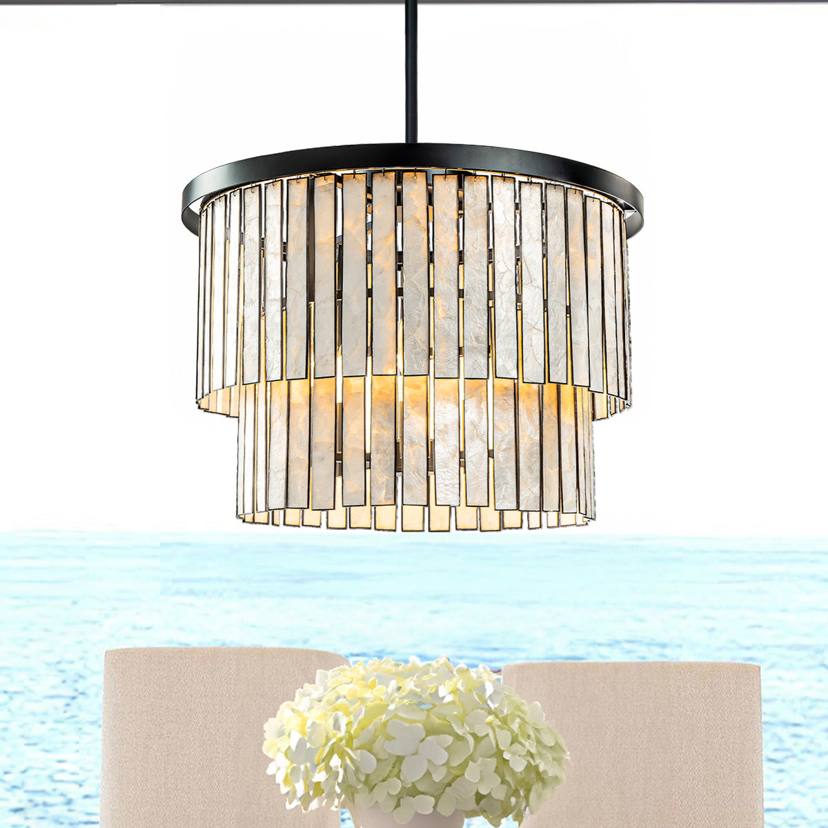 Coastal Natural Capiz Round Chandelier in Matte Black