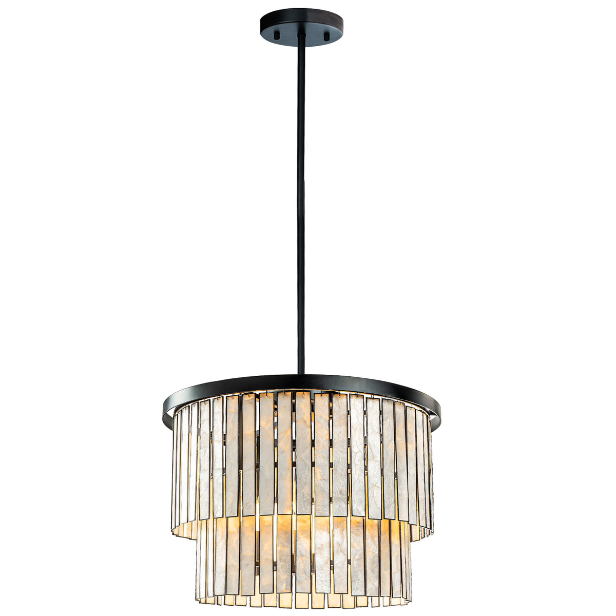 Coastal Natural Capiz Round Chandelier in Matte Black