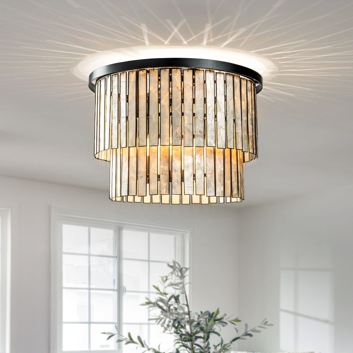 Coastal Capiz Seashells Flush Mount Ceiling Light in Matte Black with Rectangular Shells Panes