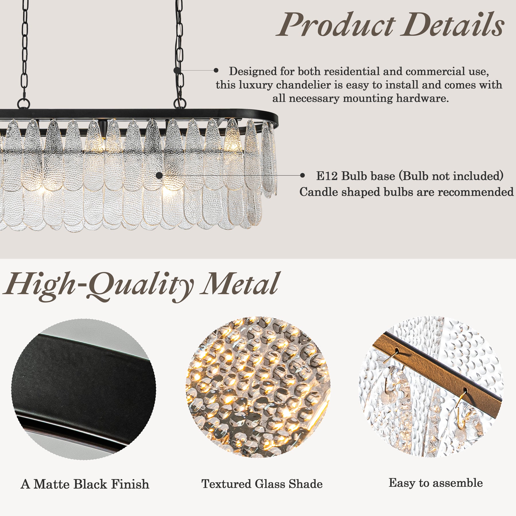 5-Light 39'' Matte Black Rectangle Elegant Textured Glass Chandelier Vintage Art Glass Pendant Light For Dining Room Ktichen Island