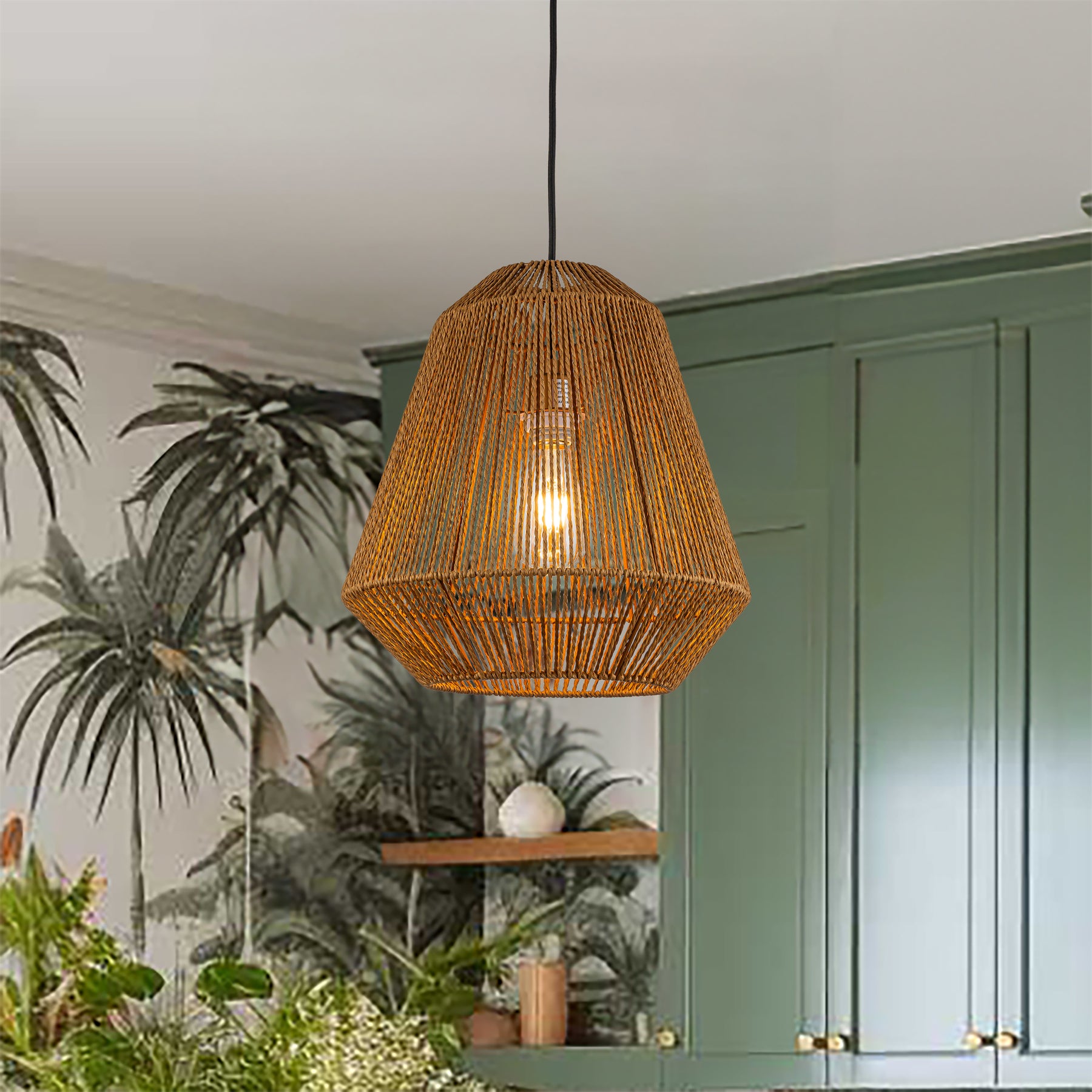 Handcrafted Farmhouse Natural Rattan Pendant Light with Rope Woven Shape