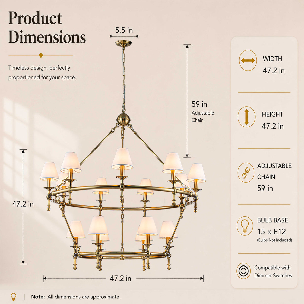 W47'' Large Warm Brass Two-Tier Chandelier 6-Light Classic Pendant Fixture with White Shades for Dining Room Foyer Living Room
