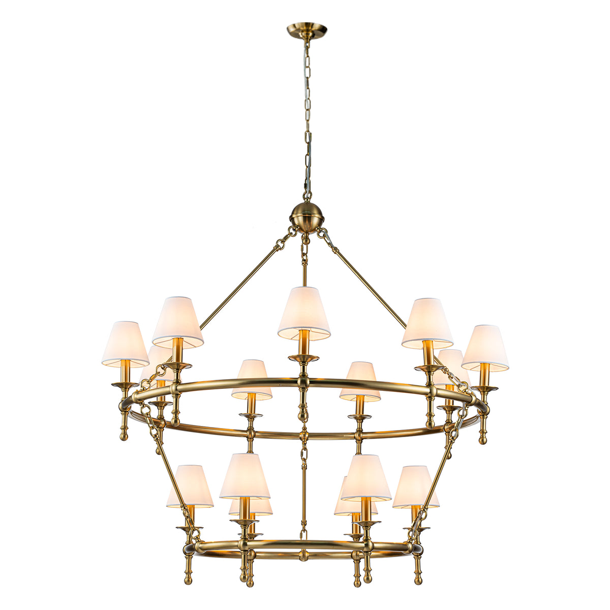 W47'' Large Warm Brass Two-Tier Chandelier 6-Light Classic Pendant Fixture with White Shades for Dining Room Foyer Living Room