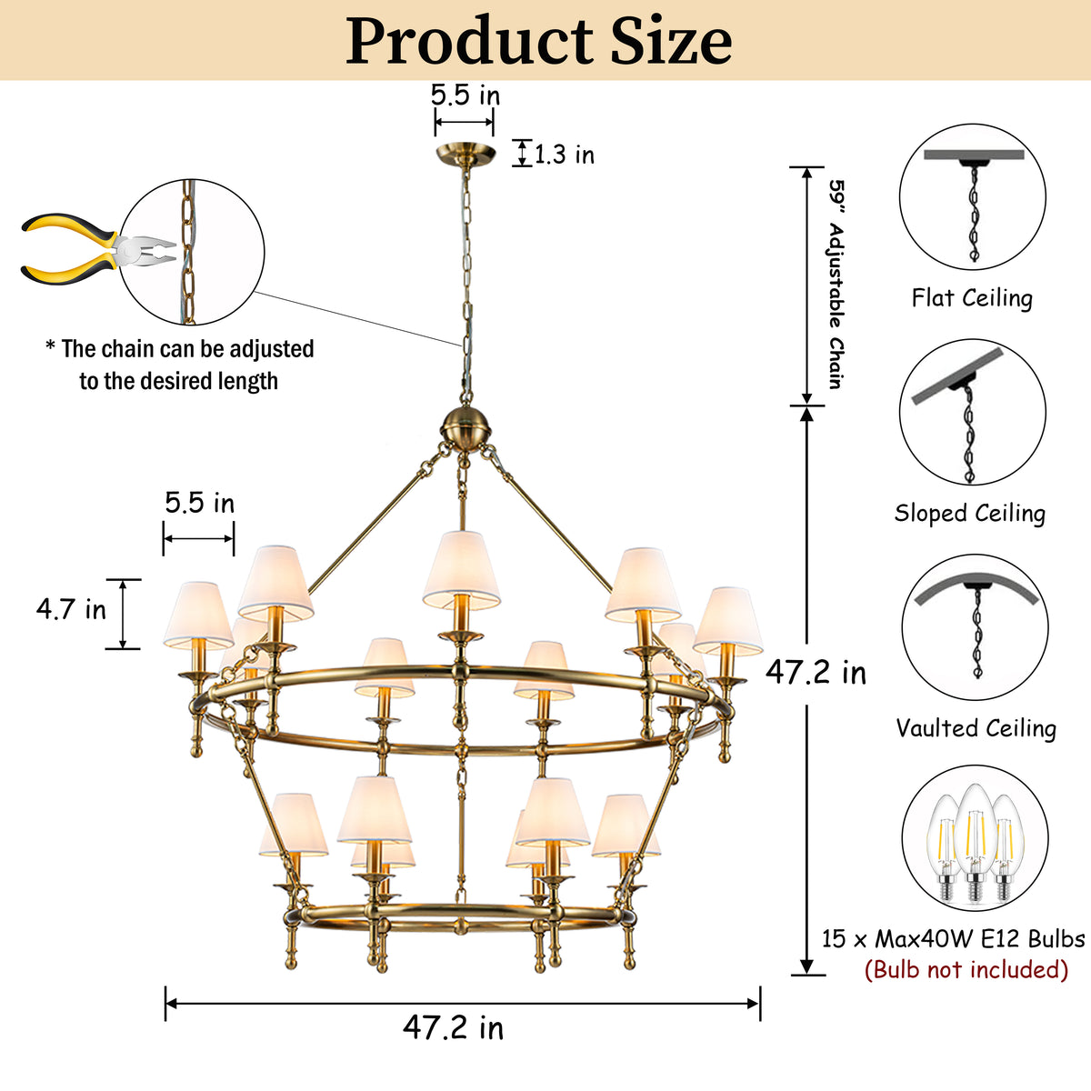 W47'' Large Warm Brass Two-Tier Chandelier 6-Light Classic Pendant Fixture with White Shades for Dining Room Foyer Living Room