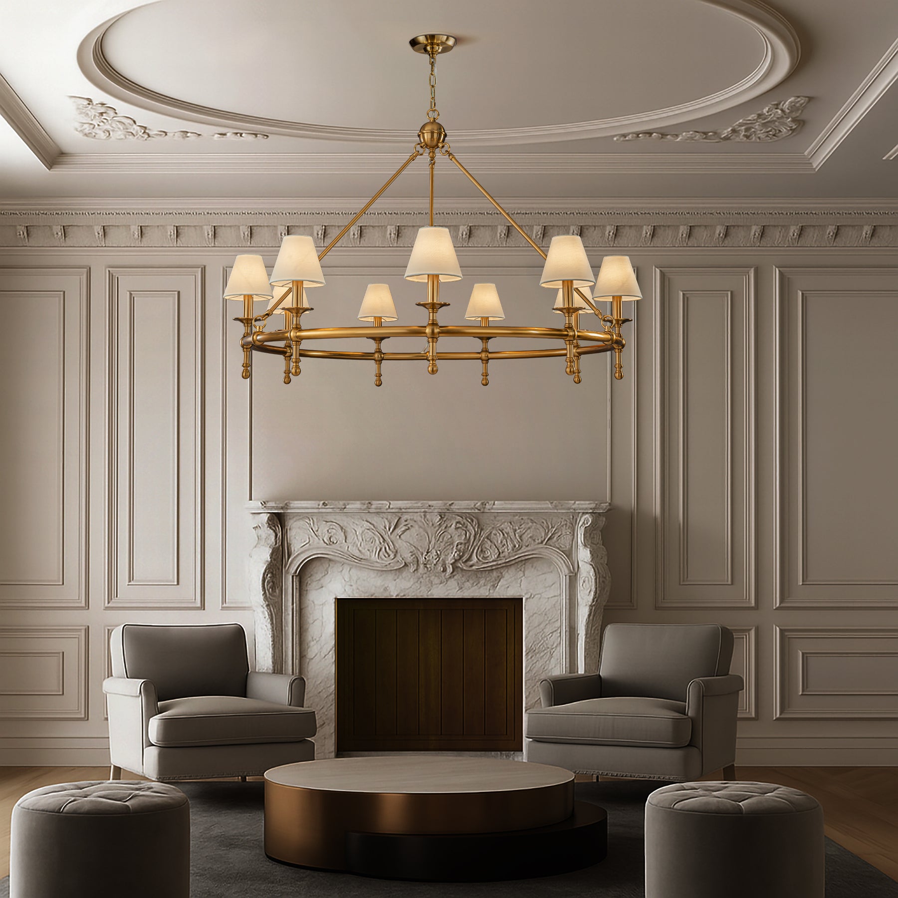 Antique Brass Classic Ring 47'' Chandelier 9-Light Large Pendant Fixture with White Shades for Elegant Interior Lighting