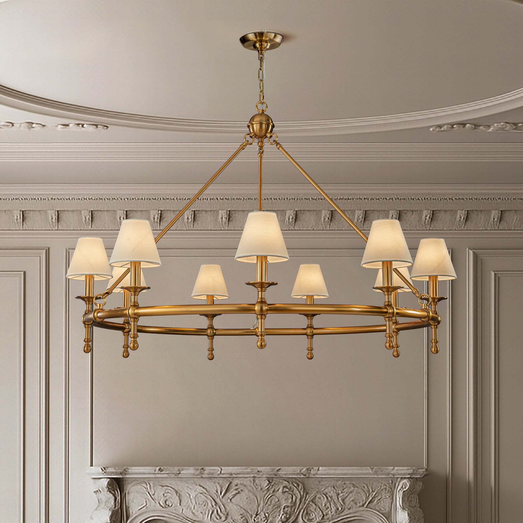 Antique Brass Classic Ring 47'' Chandelier 9-Light Large Pendant Fixture with White Shades for Elegant Interior Lighting