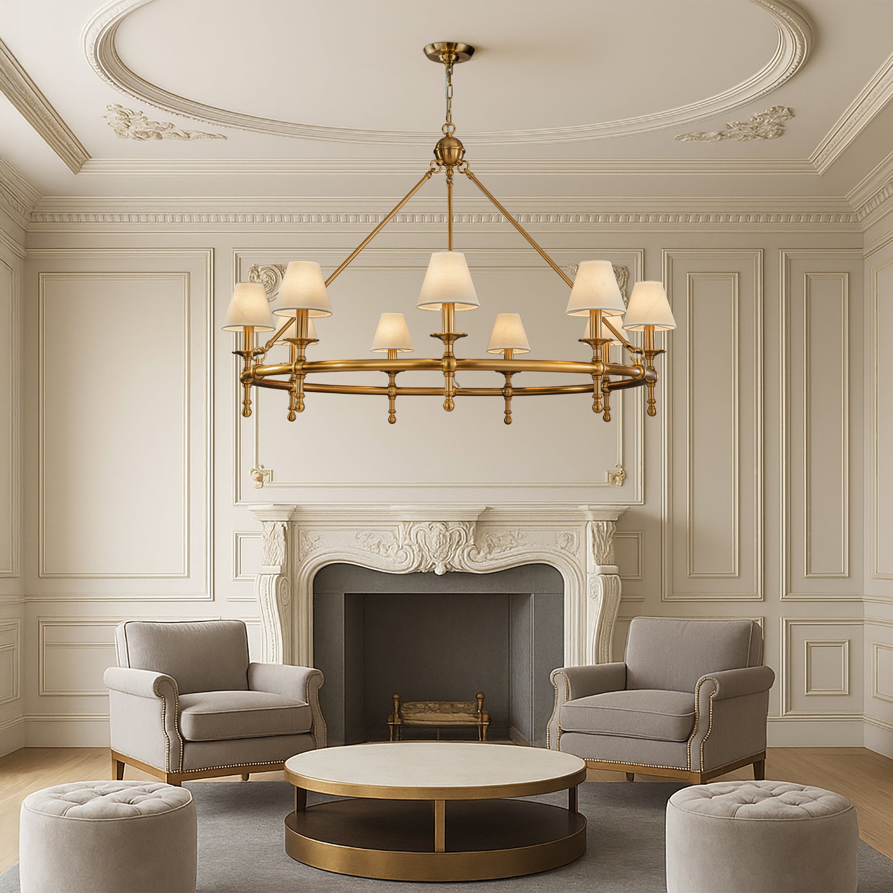 Antique Brass Classic Ring 47'' Chandelier 9-Light Large Pendant Fixture with White Shades for Elegant Interior Lighting