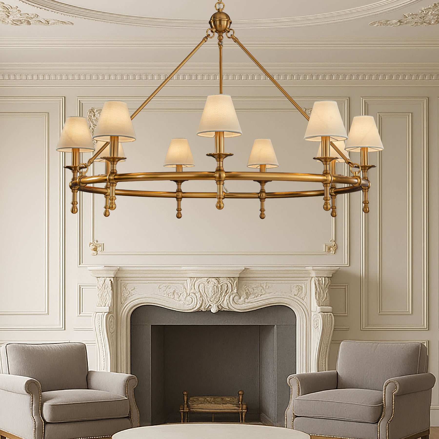 Antique Brass Classic Ring 47'' Chandelier 9-Light Large Pendant Fixture with White Shades for Elegant Interior Lighting