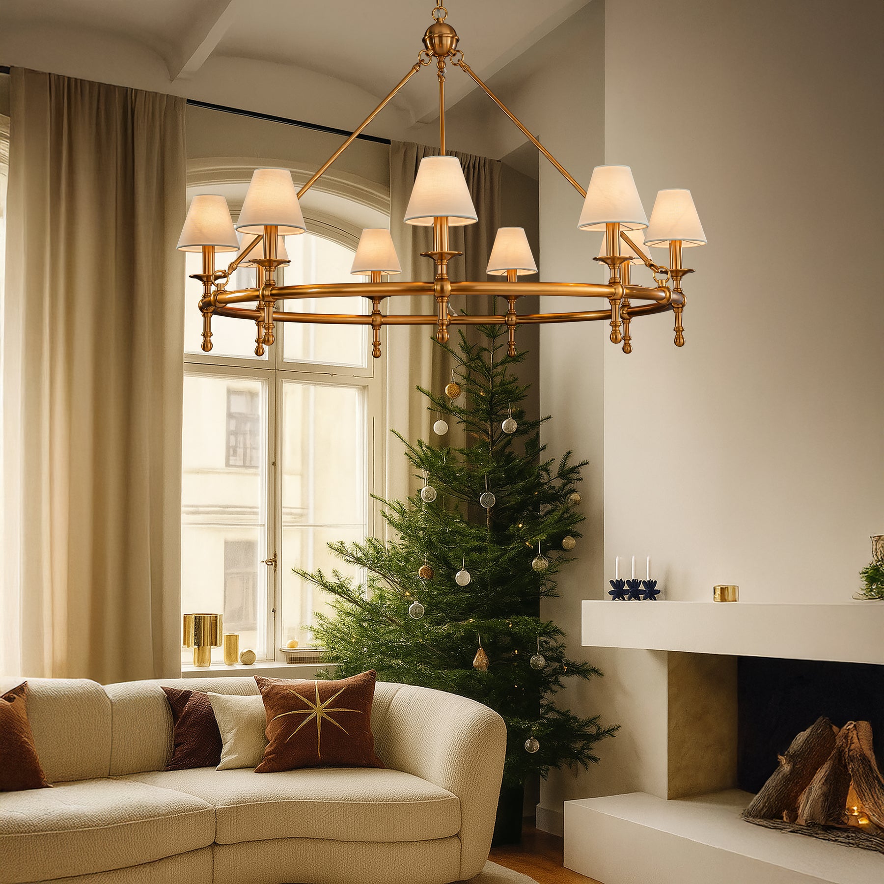 Antique Brass Classic Ring 47'' Chandelier 9-Light Large Pendant Fixture with White Shades for Elegant Interior Lighting