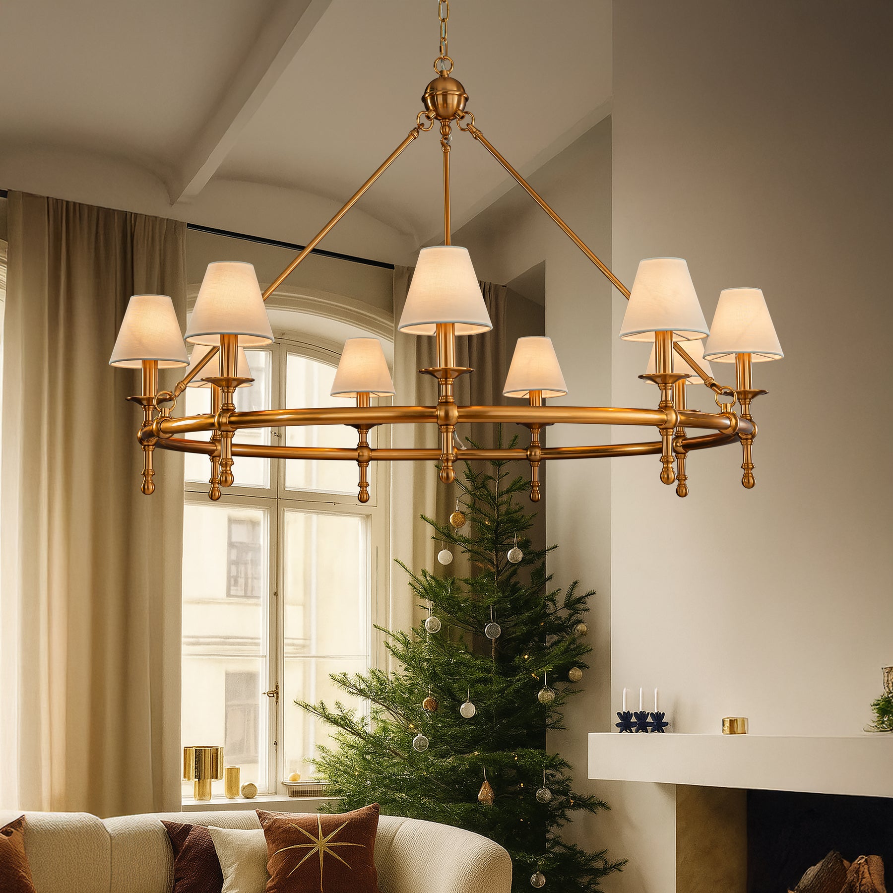 Antique Brass Classic Ring 47'' Chandelier 9-Light Large Pendant Fixture with White Shades for Elegant Interior Lighting