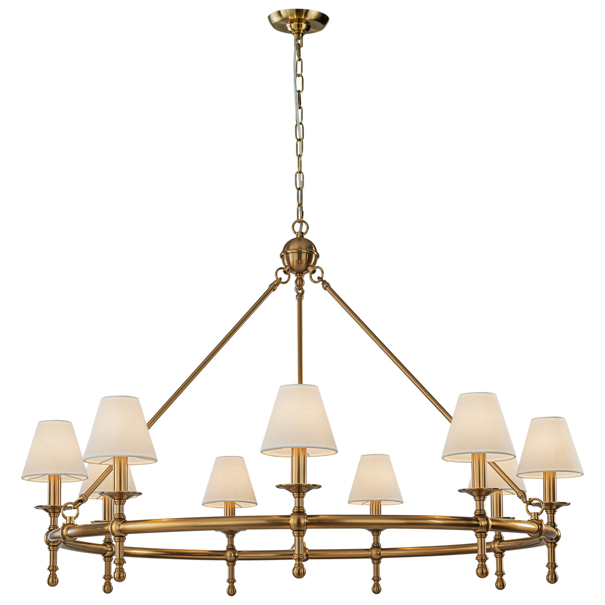 Antique Brass Classic Ring 47'' Chandelier 9-Light Large Pendant Fixture with White Shades for Elegant Interior Lighting