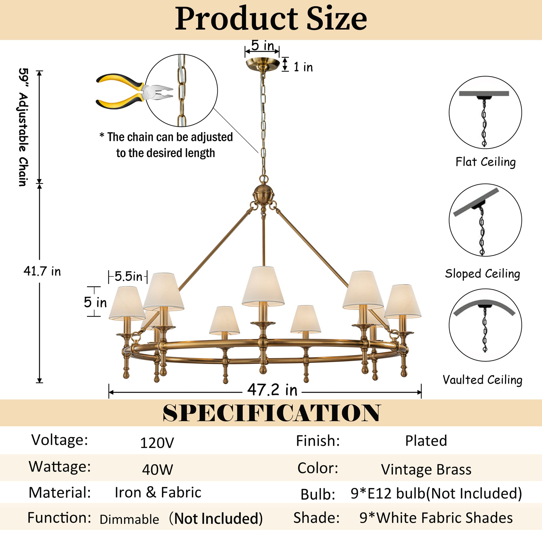 Antique Brass Classic Ring 47'' Chandelier 9-Light Large Pendant Fixture with White Shades for Elegant Interior Lighting