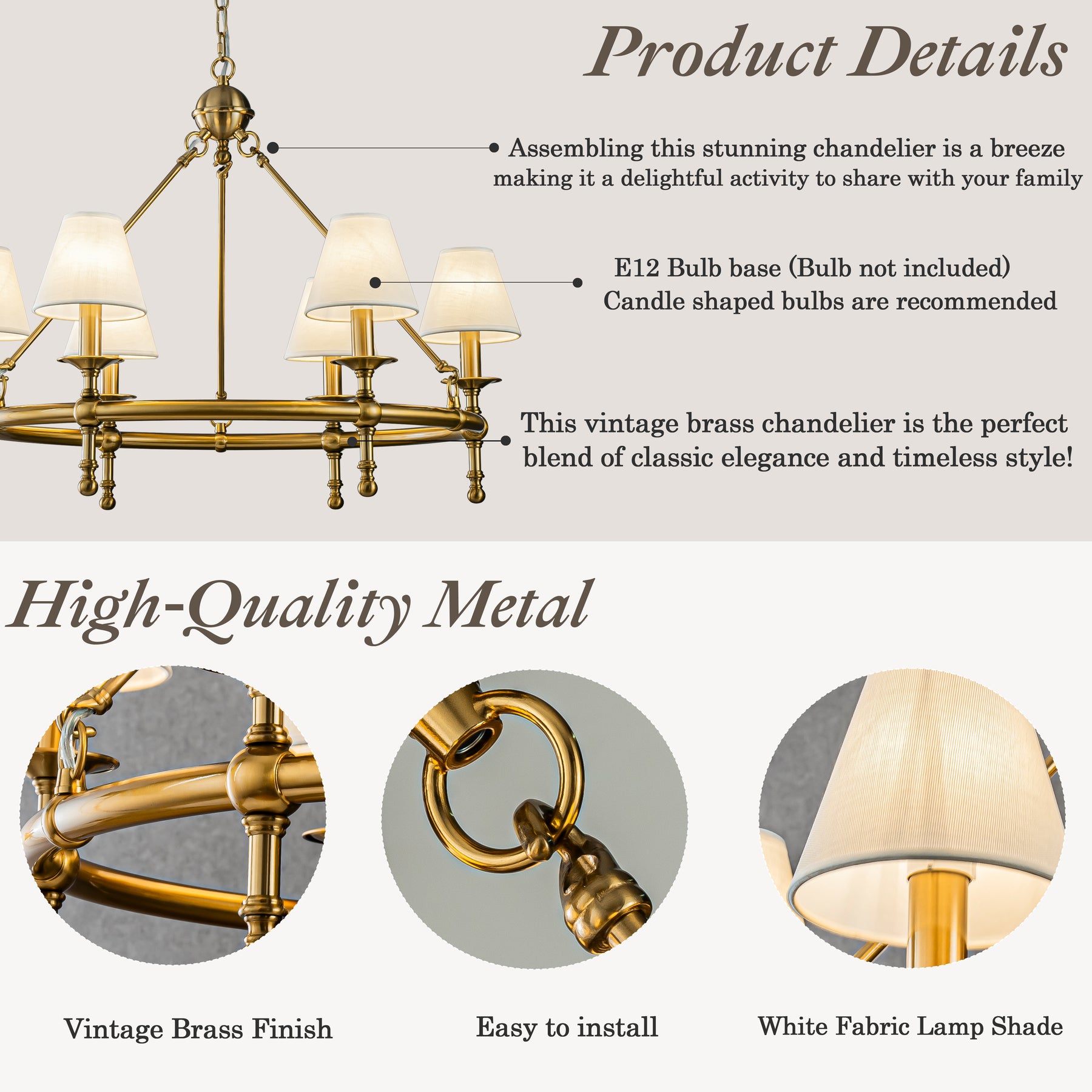 Antique Brass Classic Ring 47'' Chandelier 9-Light Large Pendant Fixture with White Shades for Elegant Interior Lighting