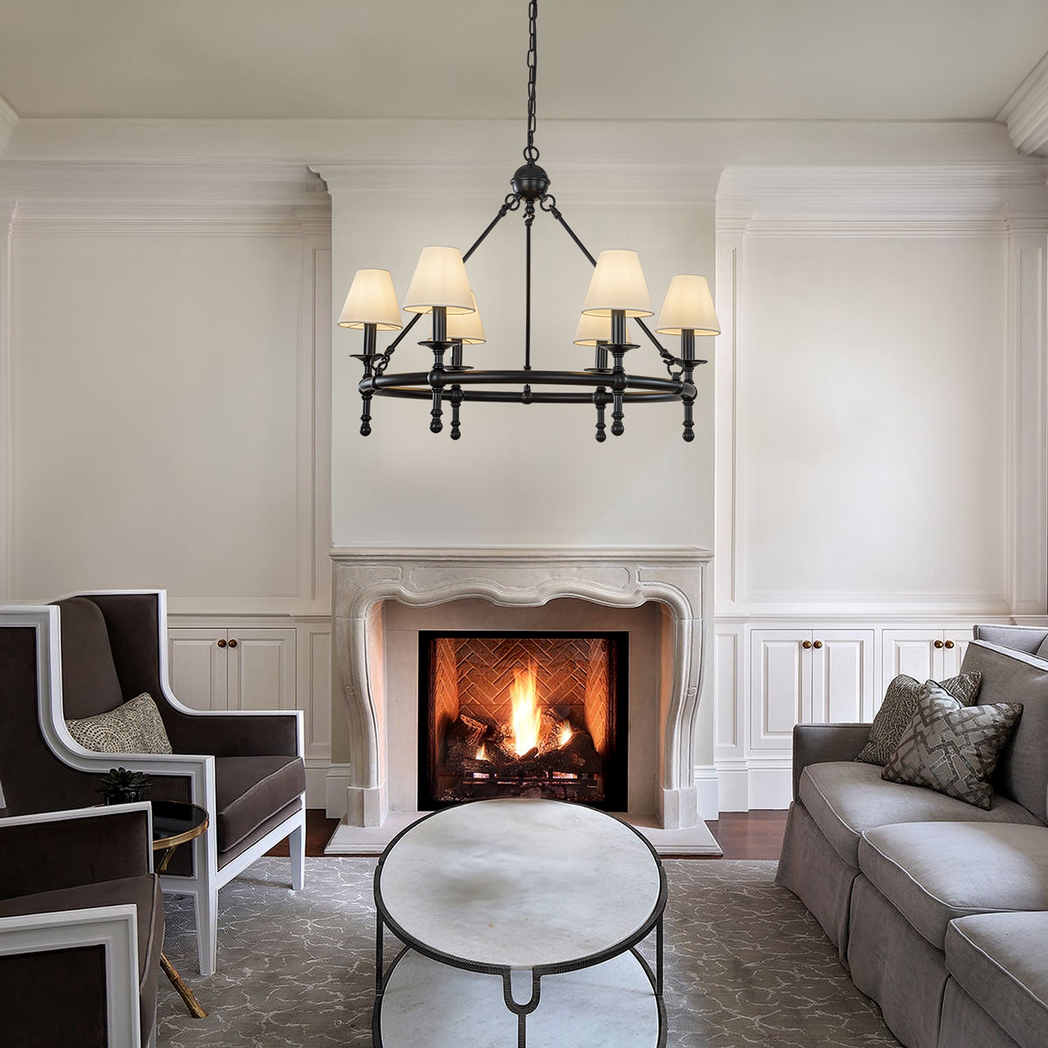 Vintage Black Chandelier 6-Light Classic Pendant Fixture Elegant Interior Lighting With White Shades For Dining Room Living Room