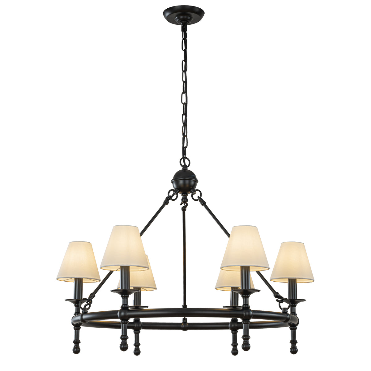 Vintage Black Chandelier 6-Light Classic Pendant Fixture Elegant Interior Lighting With White Shades For Dining Room Living Room