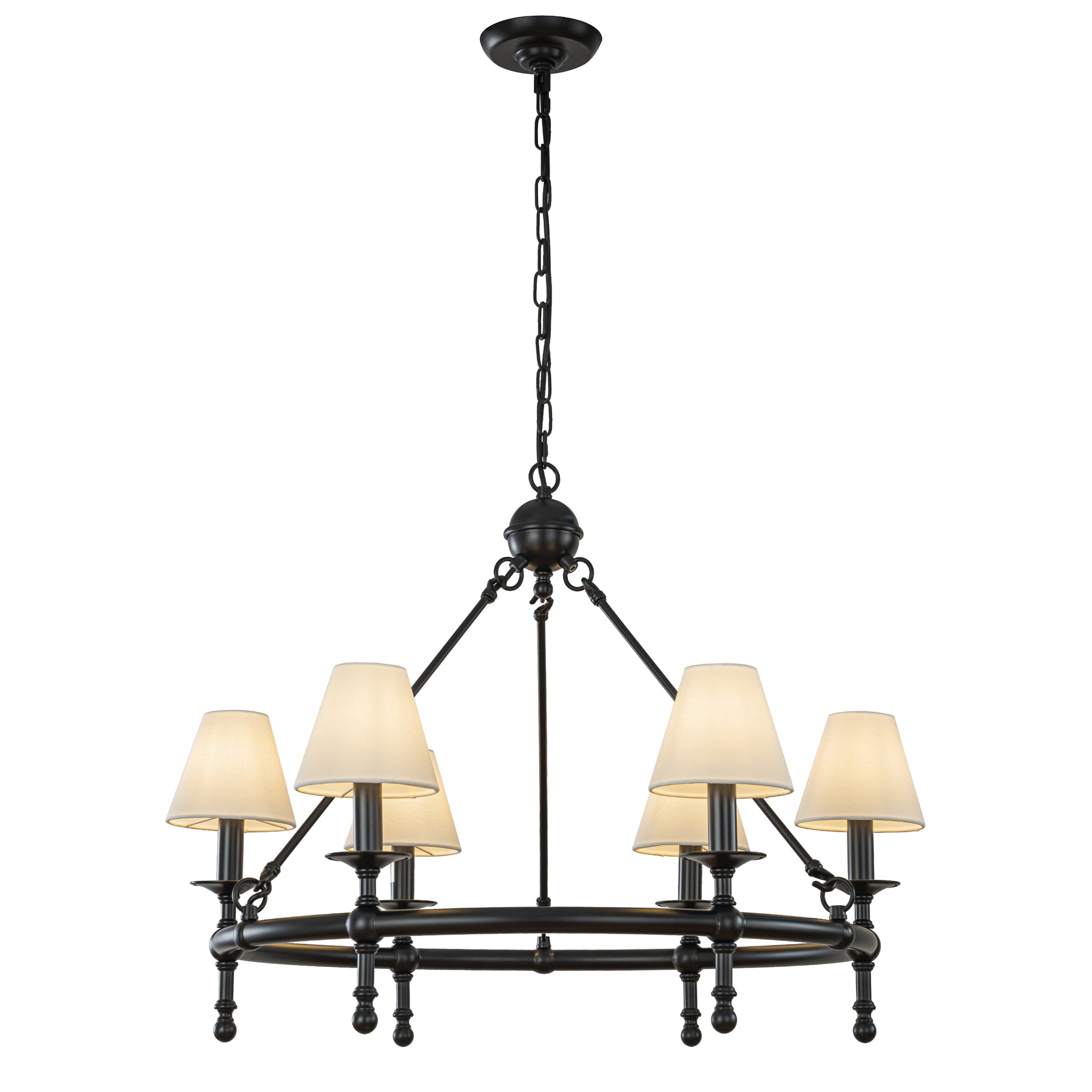Vintage Black Chandelier 6-Light Classic Pendant Fixture Elegant Interior Lighting With White Shades For Dining Room Living Room