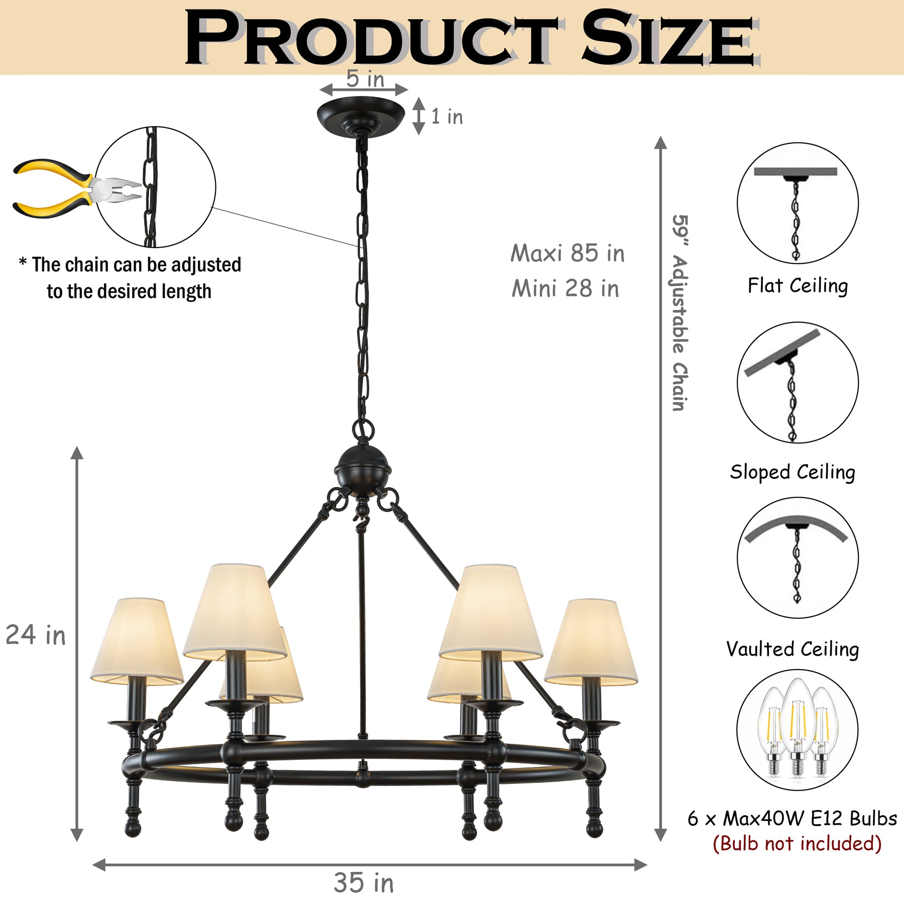 Vintage Black Chandelier 6-Light Classic Pendant Fixture Elegant Interior Lighting With White Shades For Dining Room Living Room