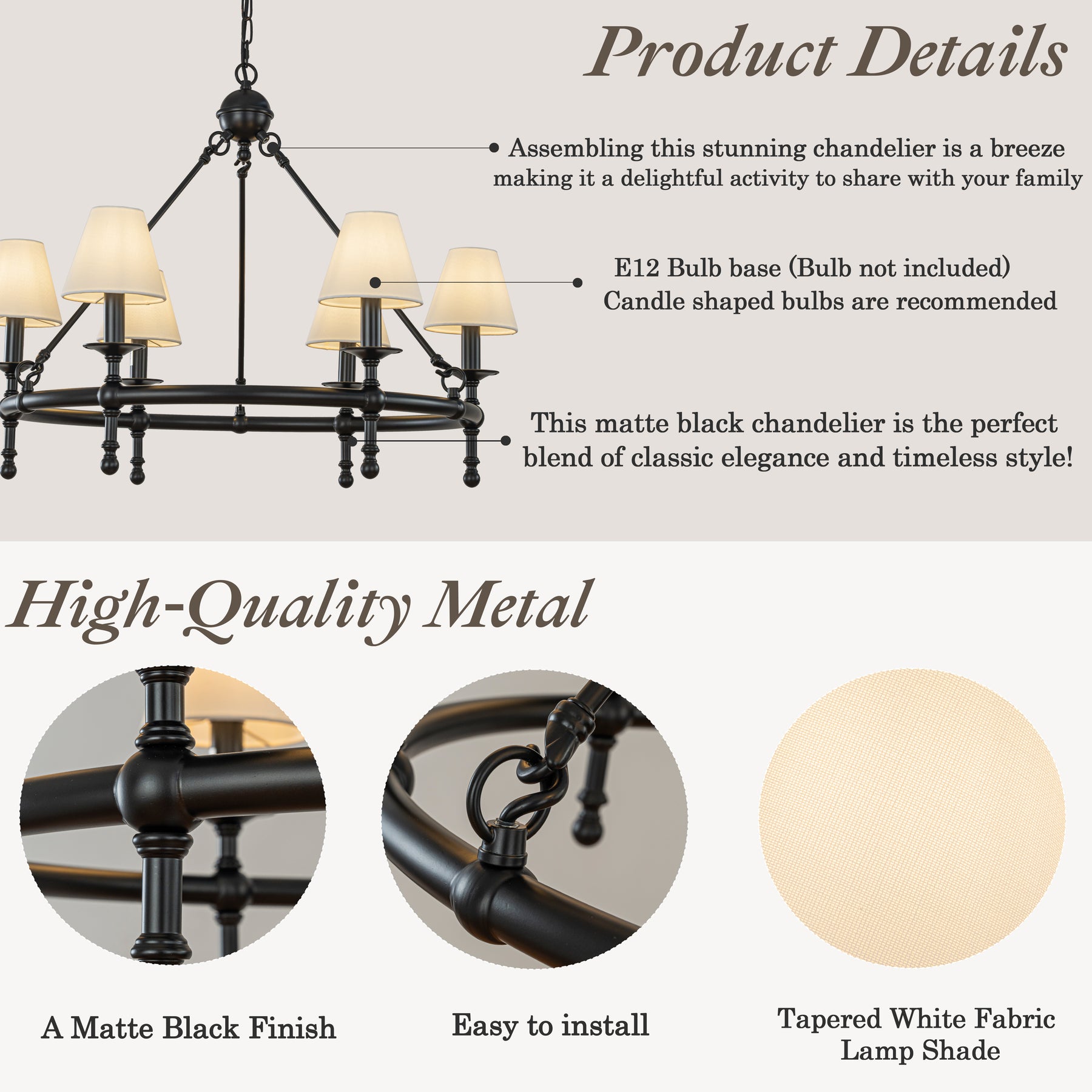 Vintage Black Chandelier 6-Light Classic Pendant Fixture Elegant Interior Lighting With White Shades For Dining Room Living Room