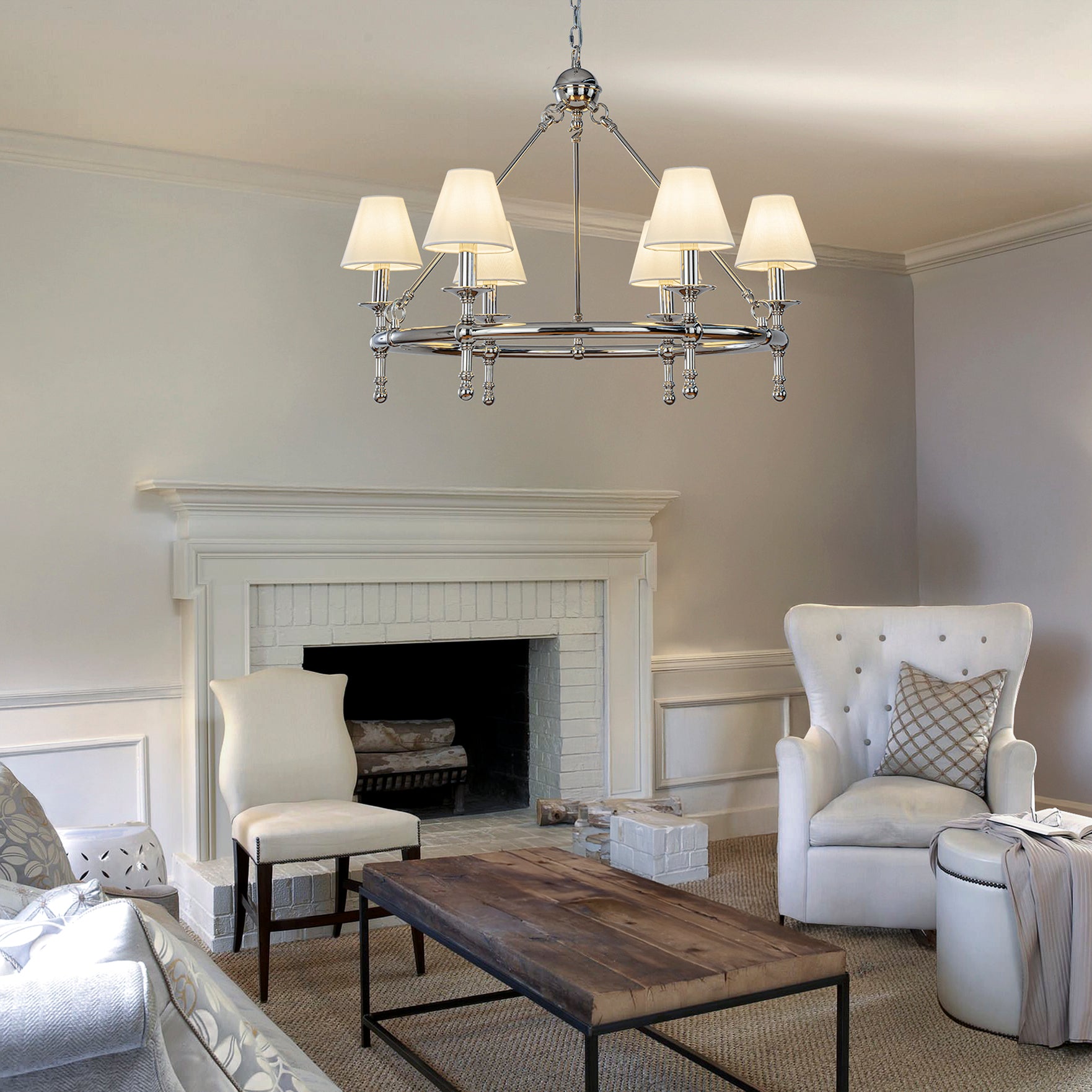 Vintage Nickel Chandelier 6-Light Classic Pendant Fixture Elegant Interior Lighting With White Shades For Dining Room Living Room