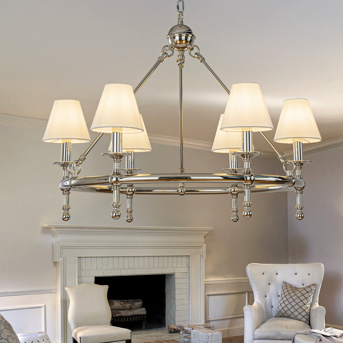Vintage Nickel Chandelier 6-Light Classic Pendant Fixture Elegant Interior Lighting With White Shades For Dining Room Living Room