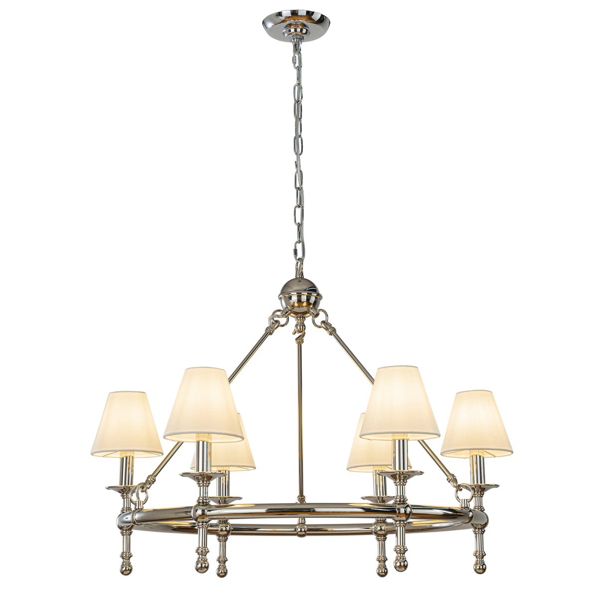 Vintage Nickel Chandelier 6-Light Classic Pendant Fixture Elegant Interior Lighting With White Shades For Dining Room Living Room