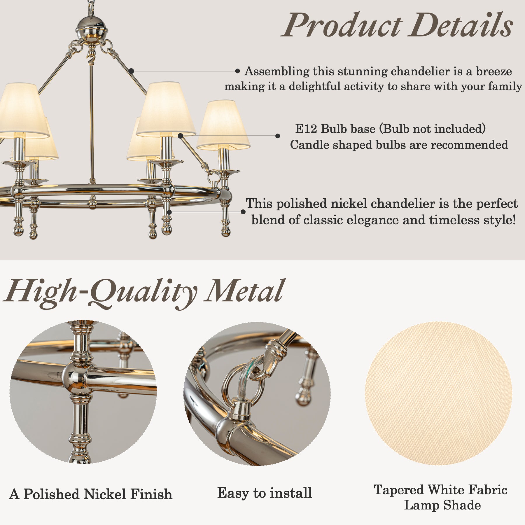 Vintage Nickel Chandelier 6-Light Classic Pendant Fixture Elegant Interior Lighting With White Shades For Dining Room Living Room
